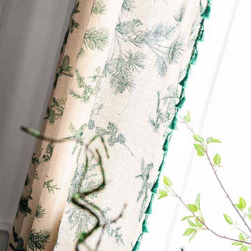 Green Pine Bird Pattern Tassel Curtain
