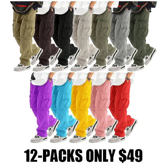 Men's Loose Solid Pocket Drawstring Waist Cargo Pant
