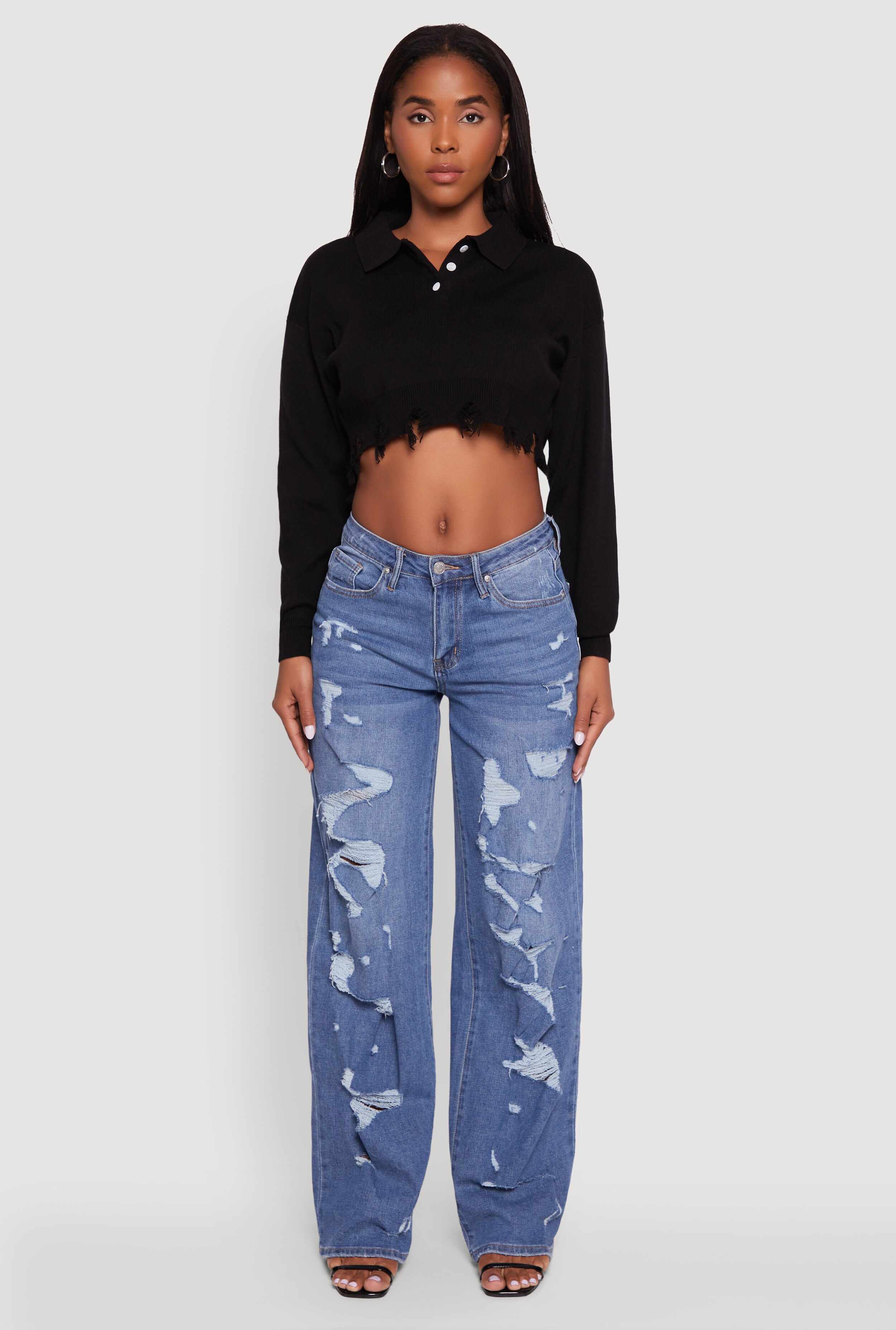 Frayed High Low Hem Cropped Long Sleeve Sweater