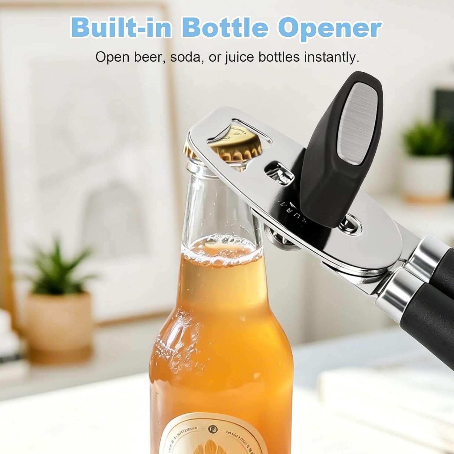 Can Opener Manual, Heavy Duty Stainless Steel Can Opener and Bottle Opener with Magnet, Multifunctional Kitchen Tool, Sharp Cutting Wheel, Soft Ergonomic Handle, Oversized Turn Knob, Black