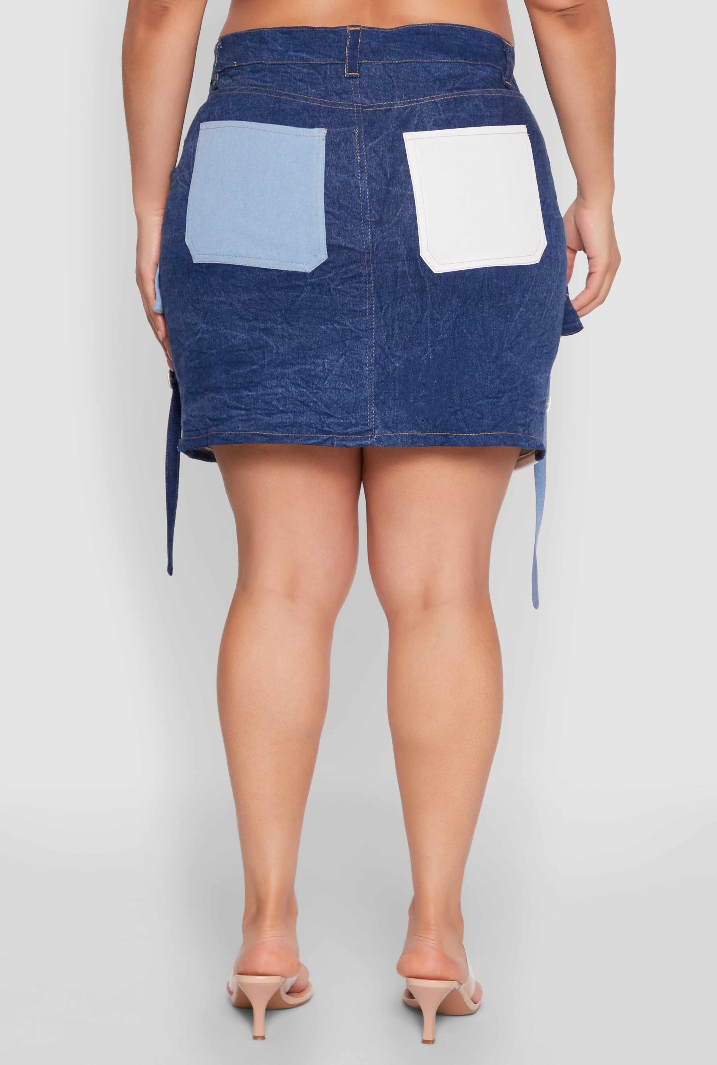 Plus Size Color Block Denim Skirt