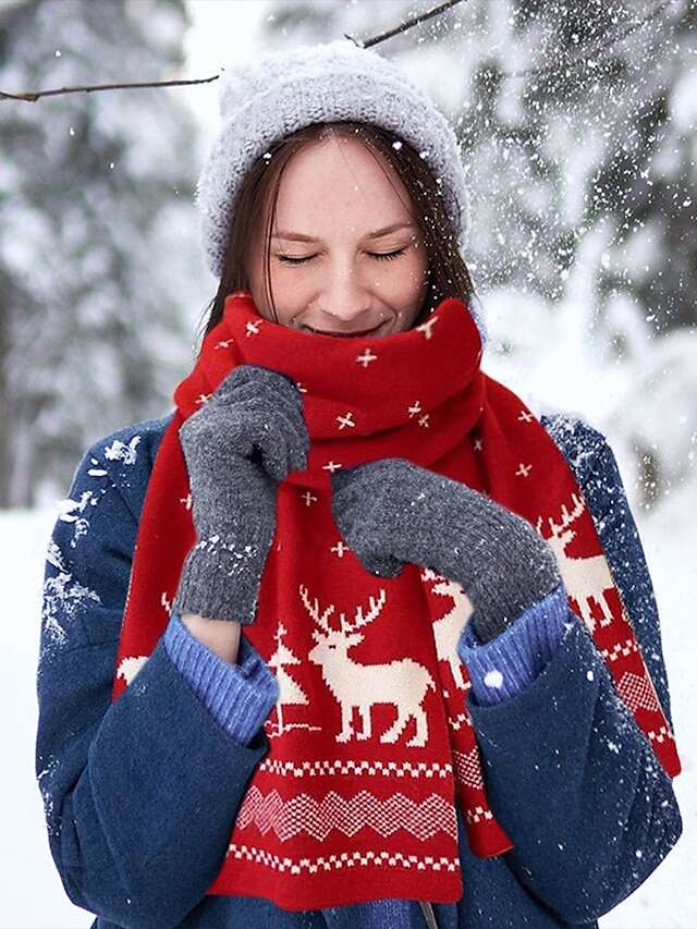 Women's Christmas Reindeer and Tree Print Knitted Scarf in Red and White, Cozy Winter Accessory for Holiday Celebrations