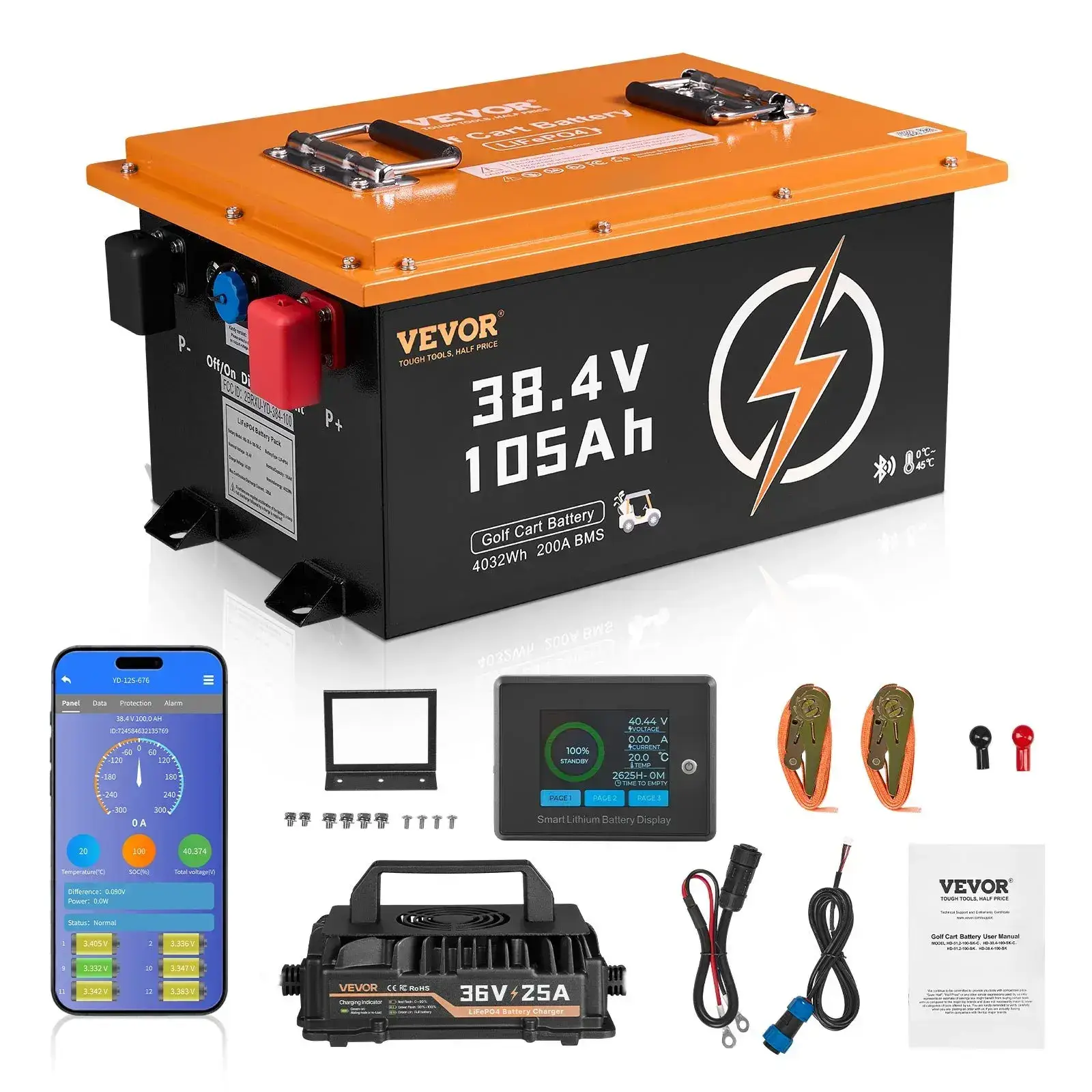 48V（51.2V) 105Ah Golf Cart Lithium Battery,48 Volt Golf Cart Battery with 200A BMS, LCD Monitor and Mobile APP, LiFePO4 Battery with 600A Peak Current, 20A Charger and 4000+ Cycles, for Golf Carts