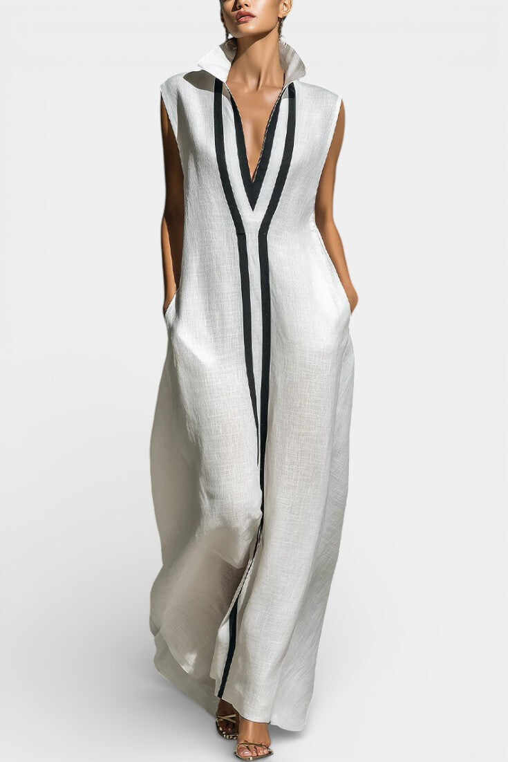 Graphic Sleeveless Maxi Jumpsuit with Contrasting Trim