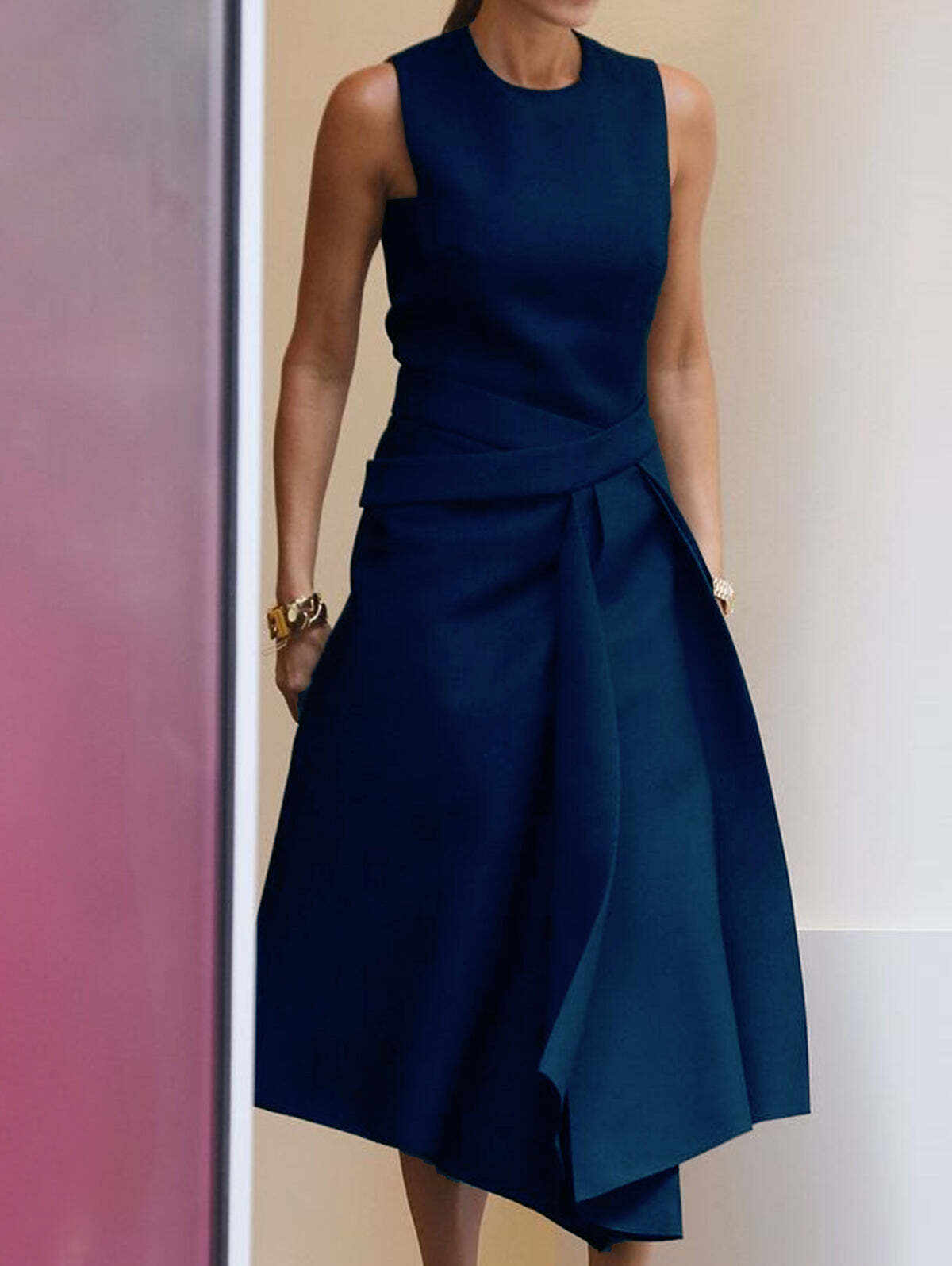 Elegant Plain Crew Neck A Line Asymmetrical Midi Tank Dress