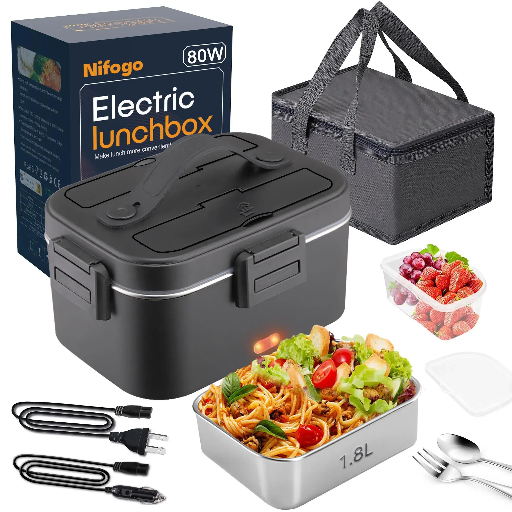80W Electric Lunch Box Leakproof Design 1.5L 1.8L Car Portable Food Heater With Cutlery Bag For Office Workers Students