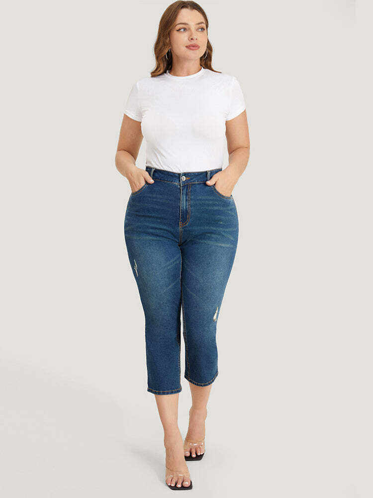 Very Stretchy High Rise Medium Wash Ripped Detail Cropped Jeans