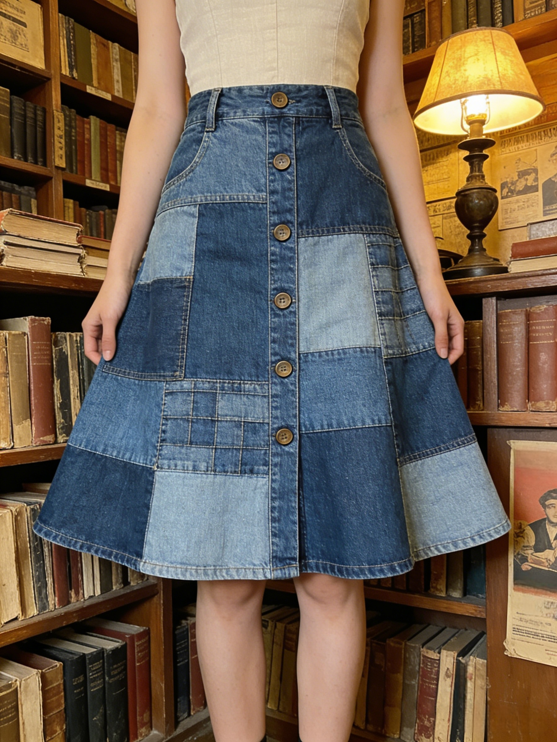 Vintage Blue Patchwork Button Denim A Line Skirts