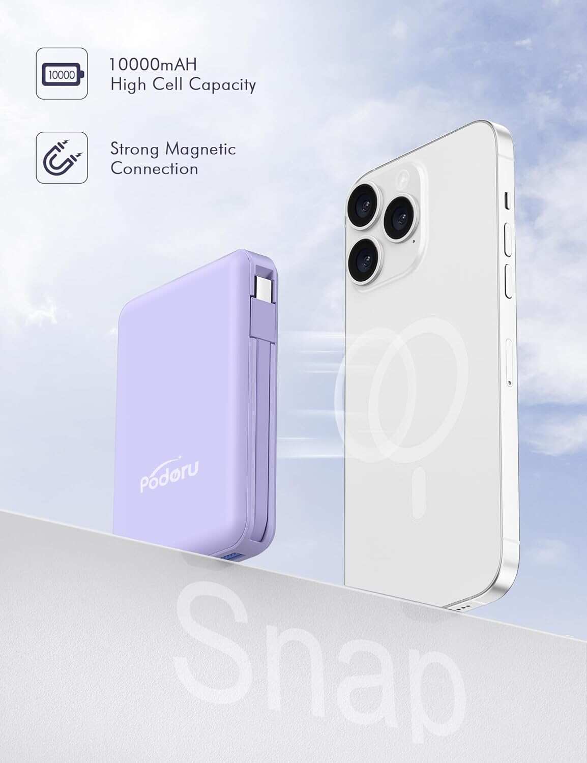 podoru Wireless Portable Charger, 10000mAh Magnetic Power Bank Built-in USB-C Lighting Cables 22.5W PD Fast Charging LED Display Mag-Safe Battery Pack for iPhone 15/14/13/12/Mini/Pro/Pro Max - White