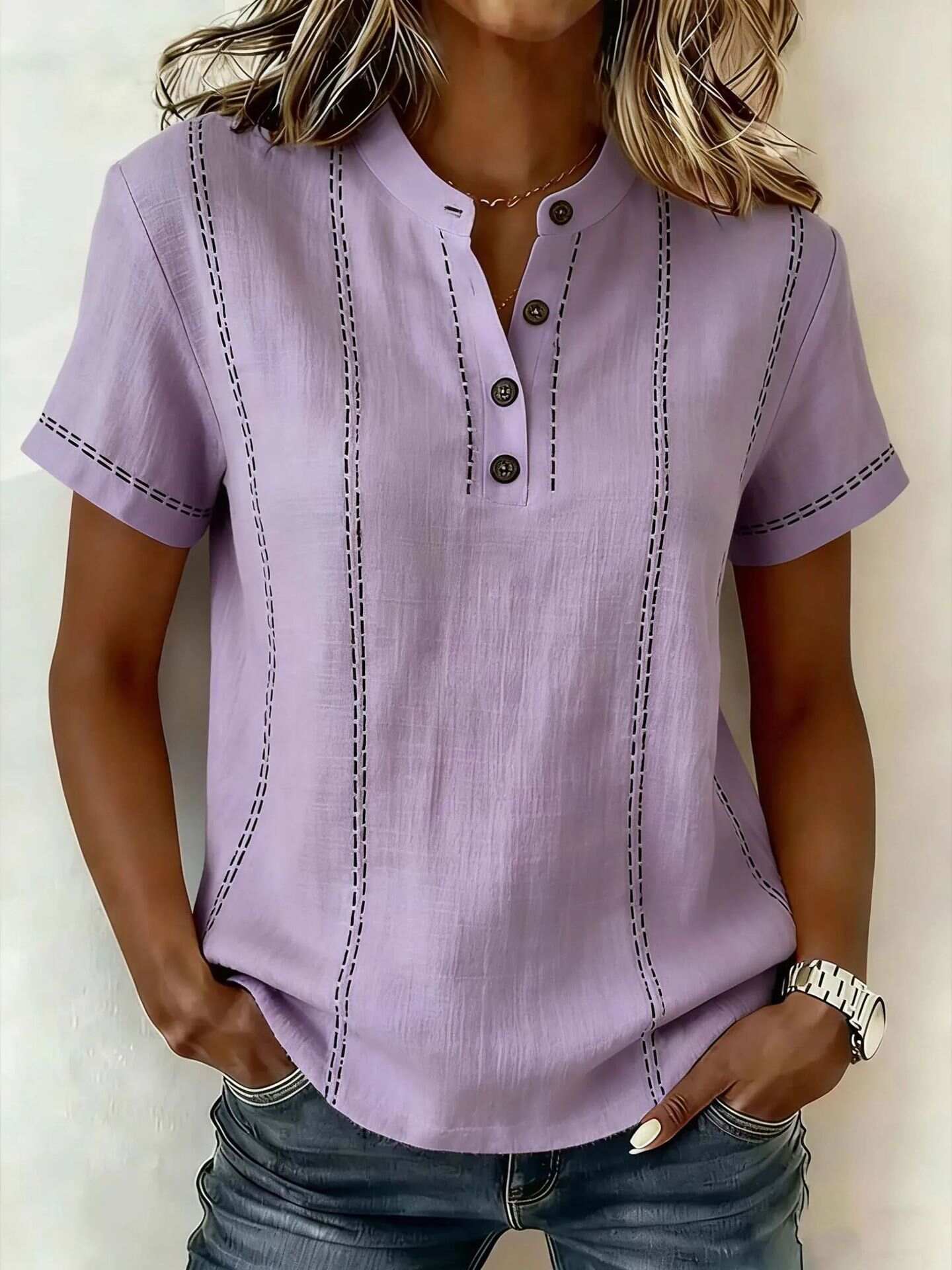 Casual Short-Sleeve Striped Stand Collar Panel Shirt