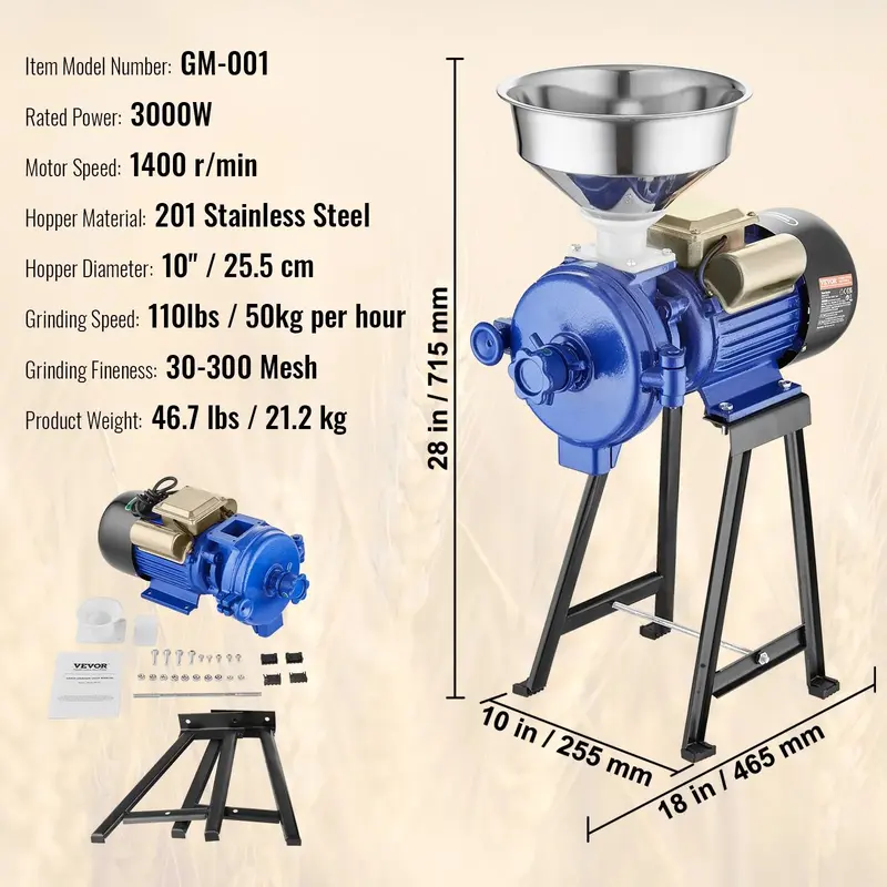 3000W High Power Commercial Grain Grinder, Heavy Duty Dry Wet Electric Mill, Adjustable Thickness Powder Machine for Wheat Corn Spice Cereal with Feeding Funnel