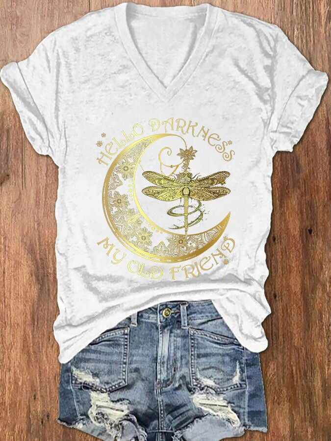 Women's Hippie Hello Darkness My Old Friend Printed V-Neck T-Shirt