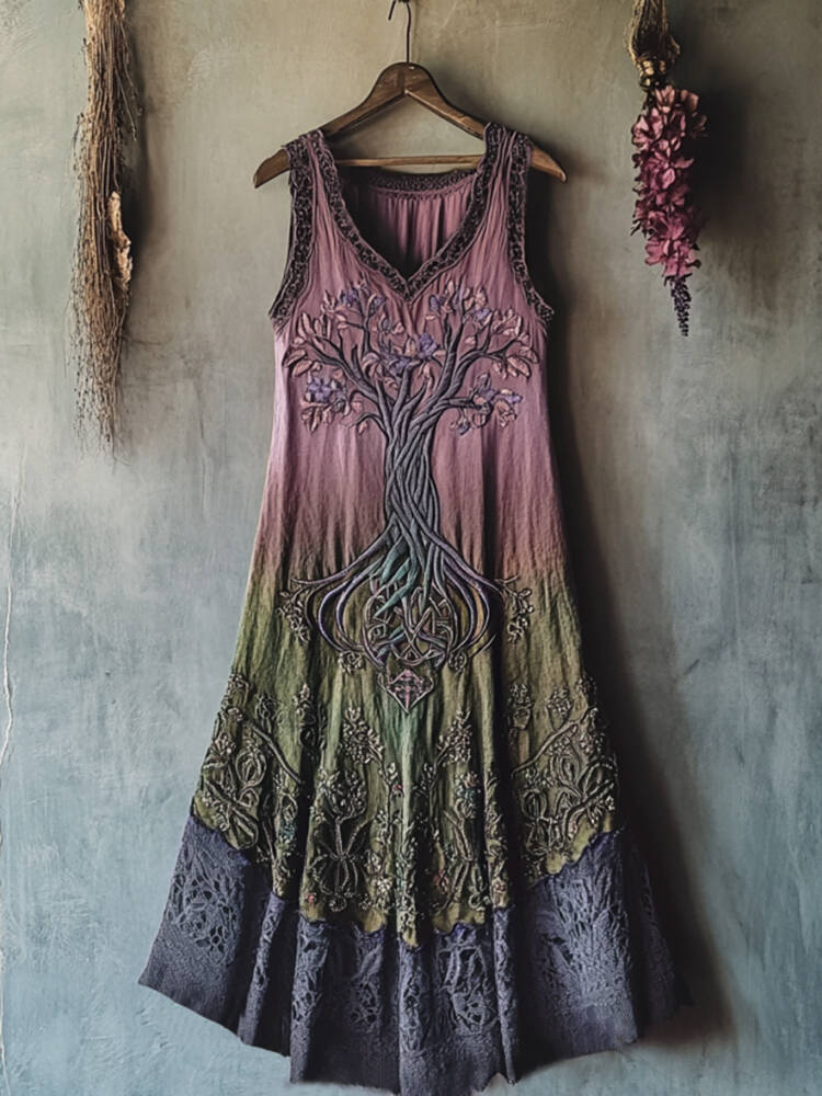 Vintage Viking Tribal Celtic Knot Life Of Tree Lace Patchwork Art Linen Tank Dress