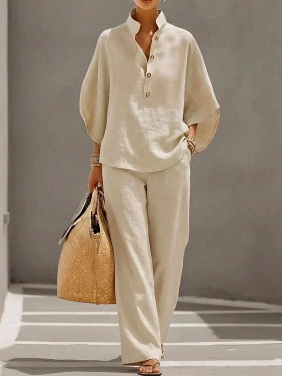 Maribel | Linen Set with Batwing Sleeves and Wide Pants