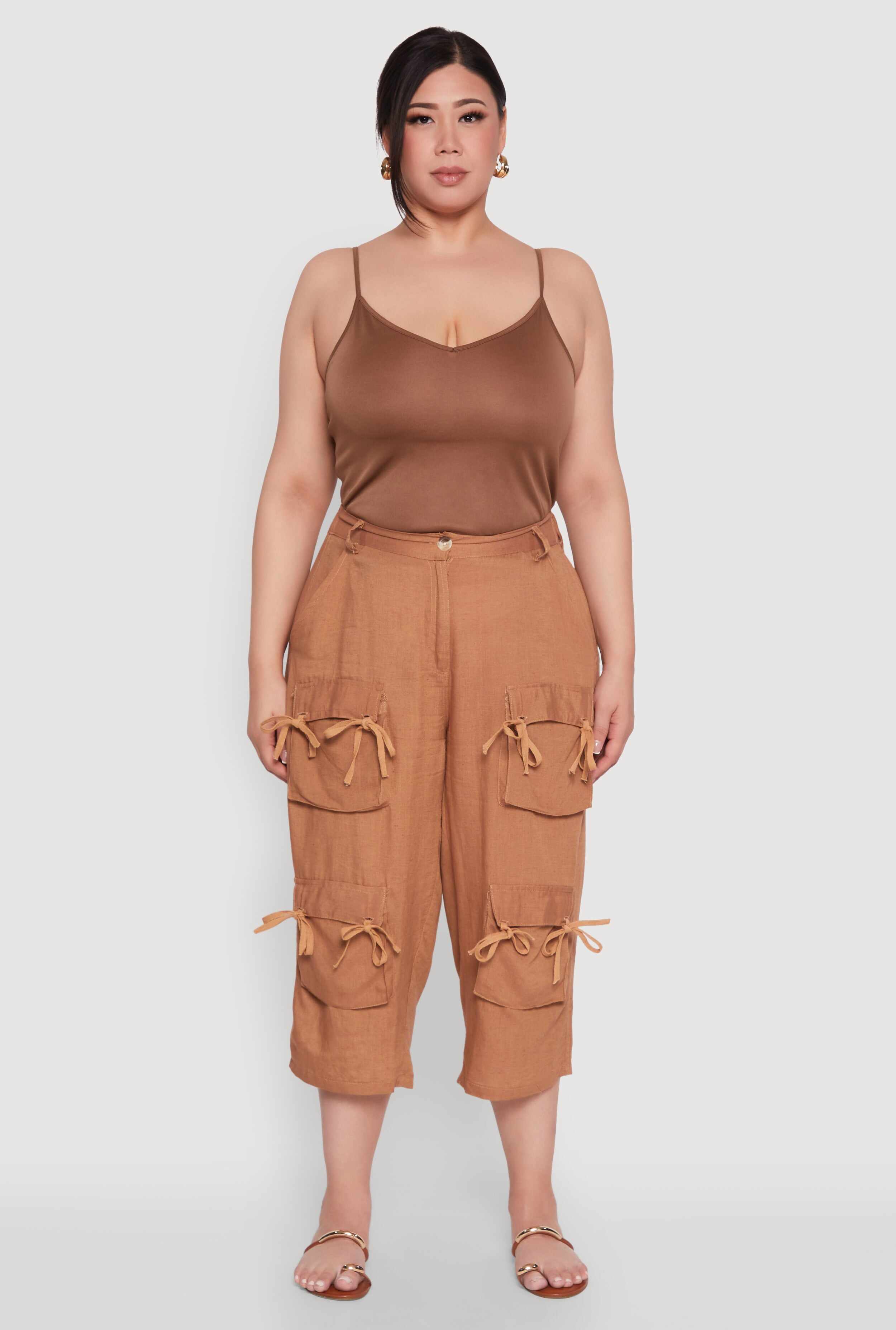 Plus Size Tie Cargo Pocket Capri Pants