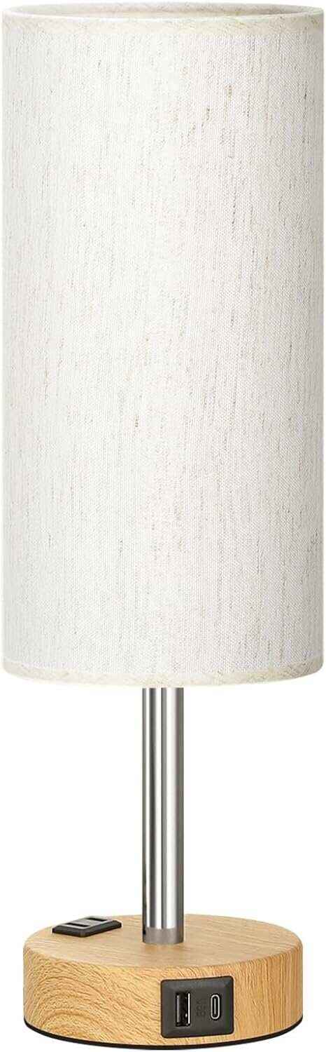 Bedside Table Lamp for Bedroom - 3 Way Dimmable Touch Lamp USB C Charging Ports and AC Outlet, Small Lamp Wood Base Round Flaxen Fabric Shade for Living Room, Desk, LED Bulb Included