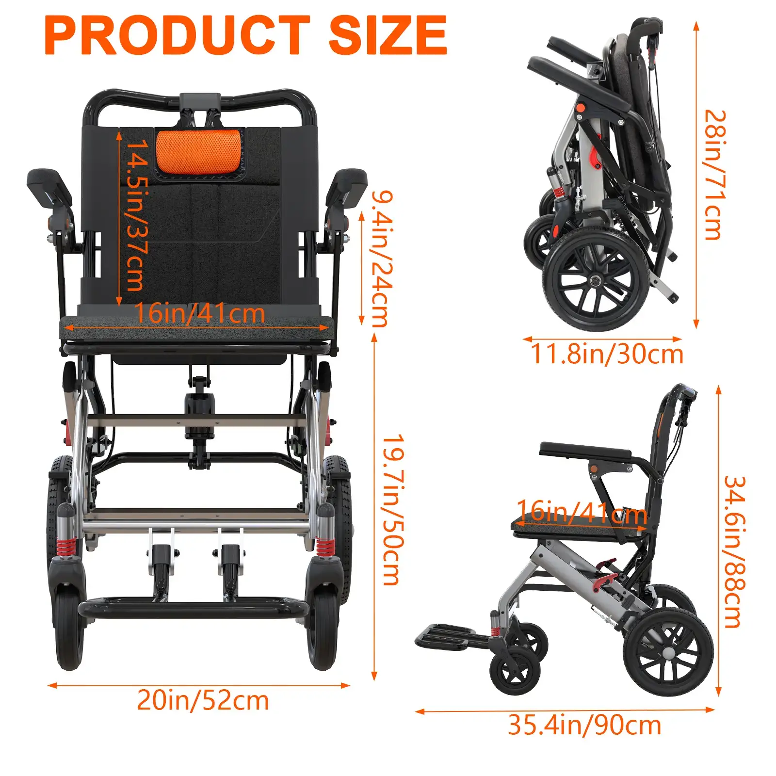 Ultra-Lightweight Folding Transport Wheelchair - Aviation Aluminum Frame - Dual Locking Hand Brakes - Removable Turn-Up Armrests - Swing-Away Footrests - Comfortable Large Seat - 16-Inch Wheels - Durable Portable Mobility Aid for Elderly and