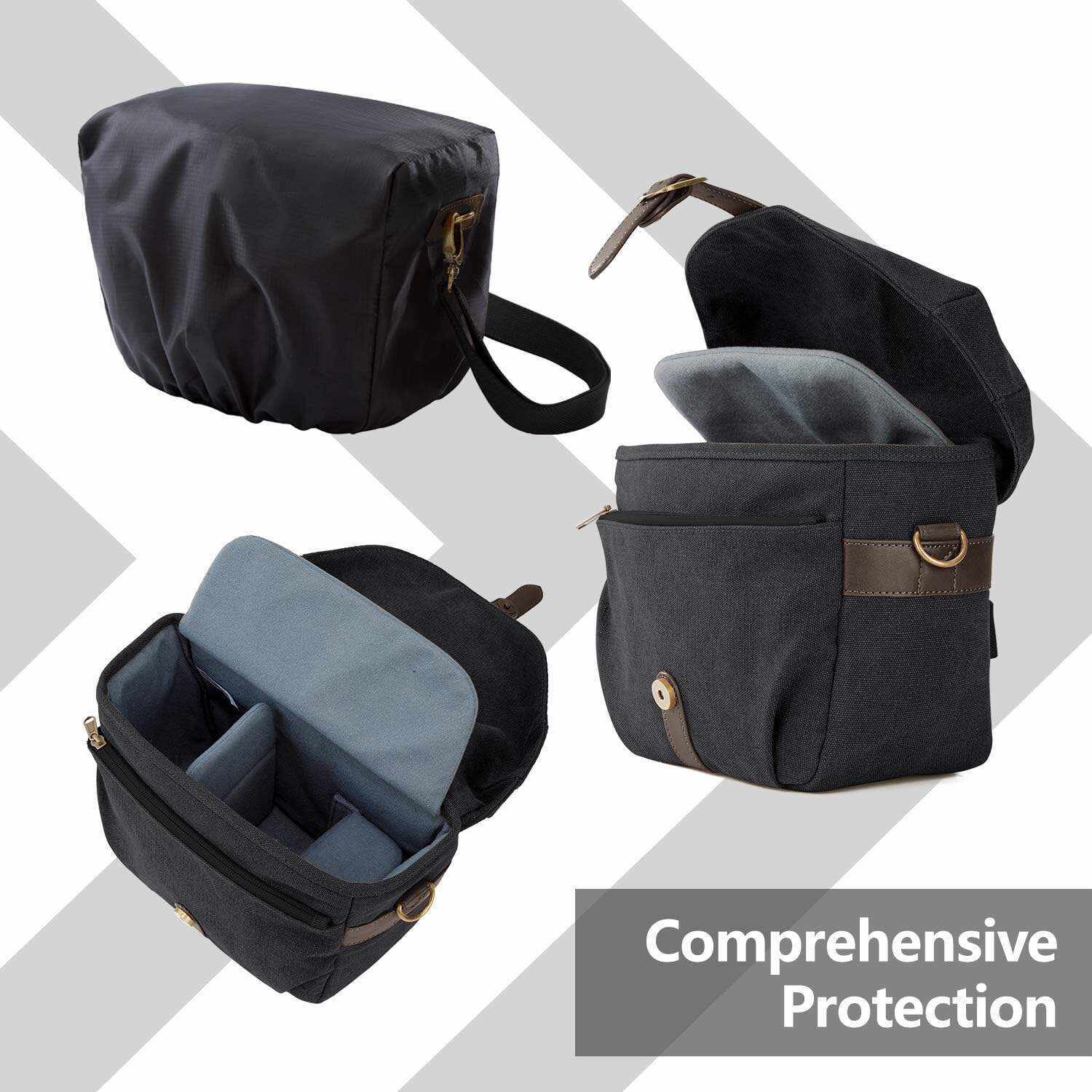 BAGSMART Camera Bag, SLR DSLR Canvas Camera Case, Vintage Padded Camera Shoulder Bag with Rain Cover for Women, Men, Black