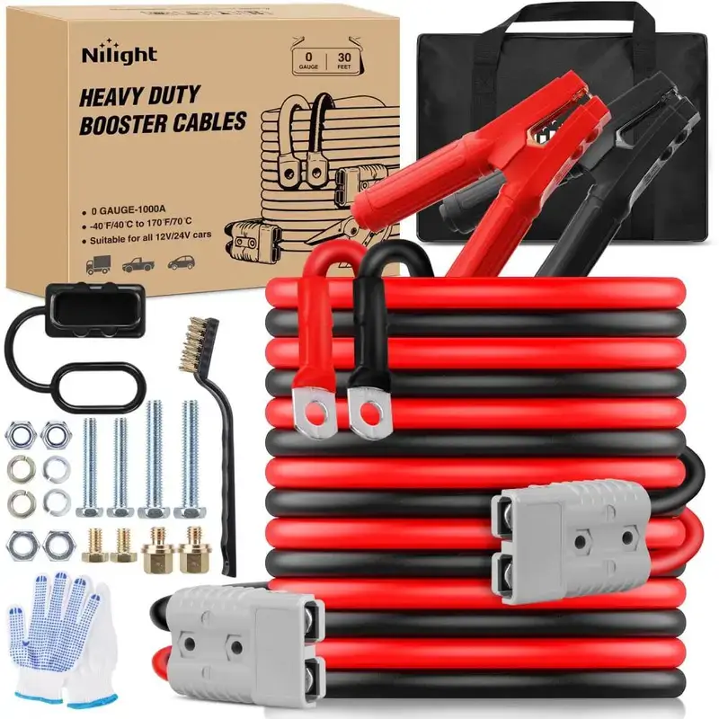 0 Gauge 25 Feet Heavy Duty Jumper Cables 1000 Amp Booster Battery Cables with Permanent Installation kit and Quick Connect Plug Includes carrying bag for 12V & 24V Cars SUVs and Trucks