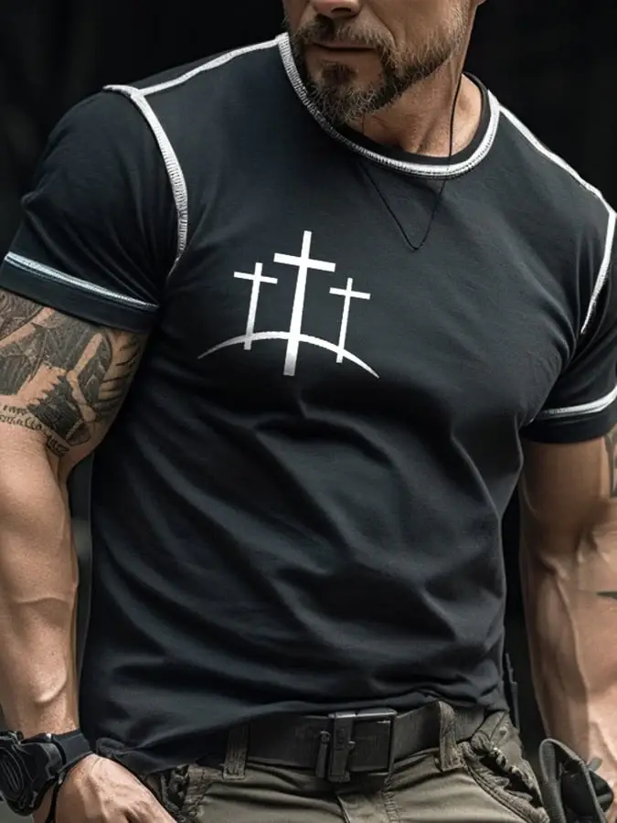 Men's Retro Faith Color Contrast Stitch Print T-Shirt