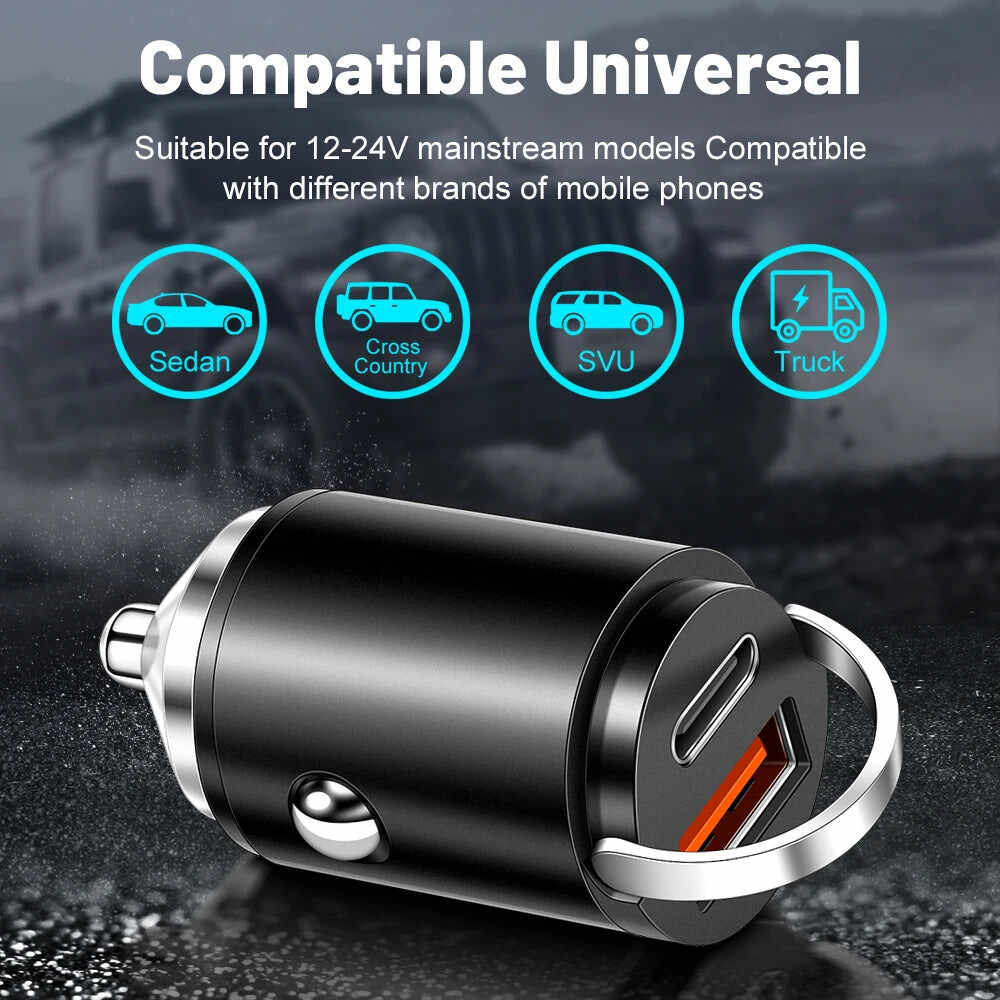100W Mini Pull Ring Car Charger - Dual USB-C & QC 3.0 Fast Charging