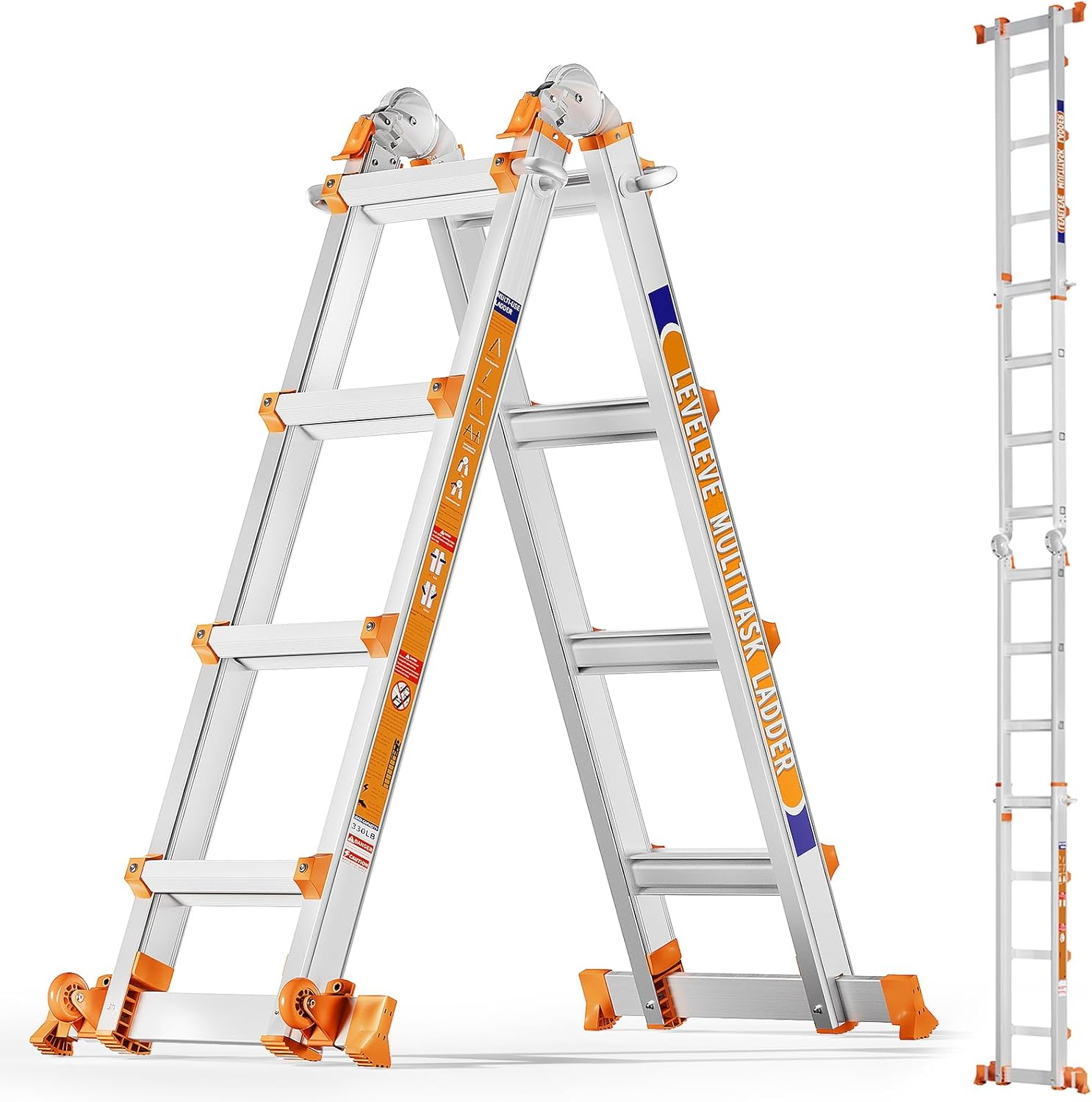 Extendable Telescopic Multi-Position Ladder - Convertible Modes, A-Frame Step Ladder with Stabilizer Bars, Narrow Folded Width, 330LBS Load Capacity, Wheels, Safe for Home & Outdoor Roof Work, Extendable Telescopic Ladders