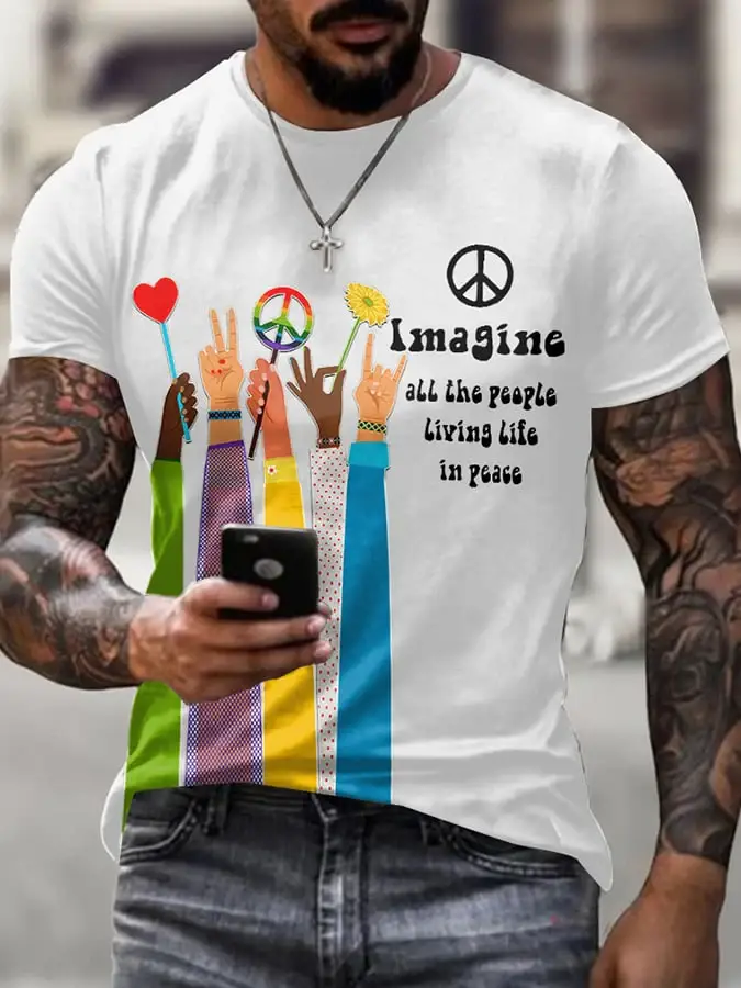 Retro Hippie Imagine All The People Living Life In Peace Print T-Shirt