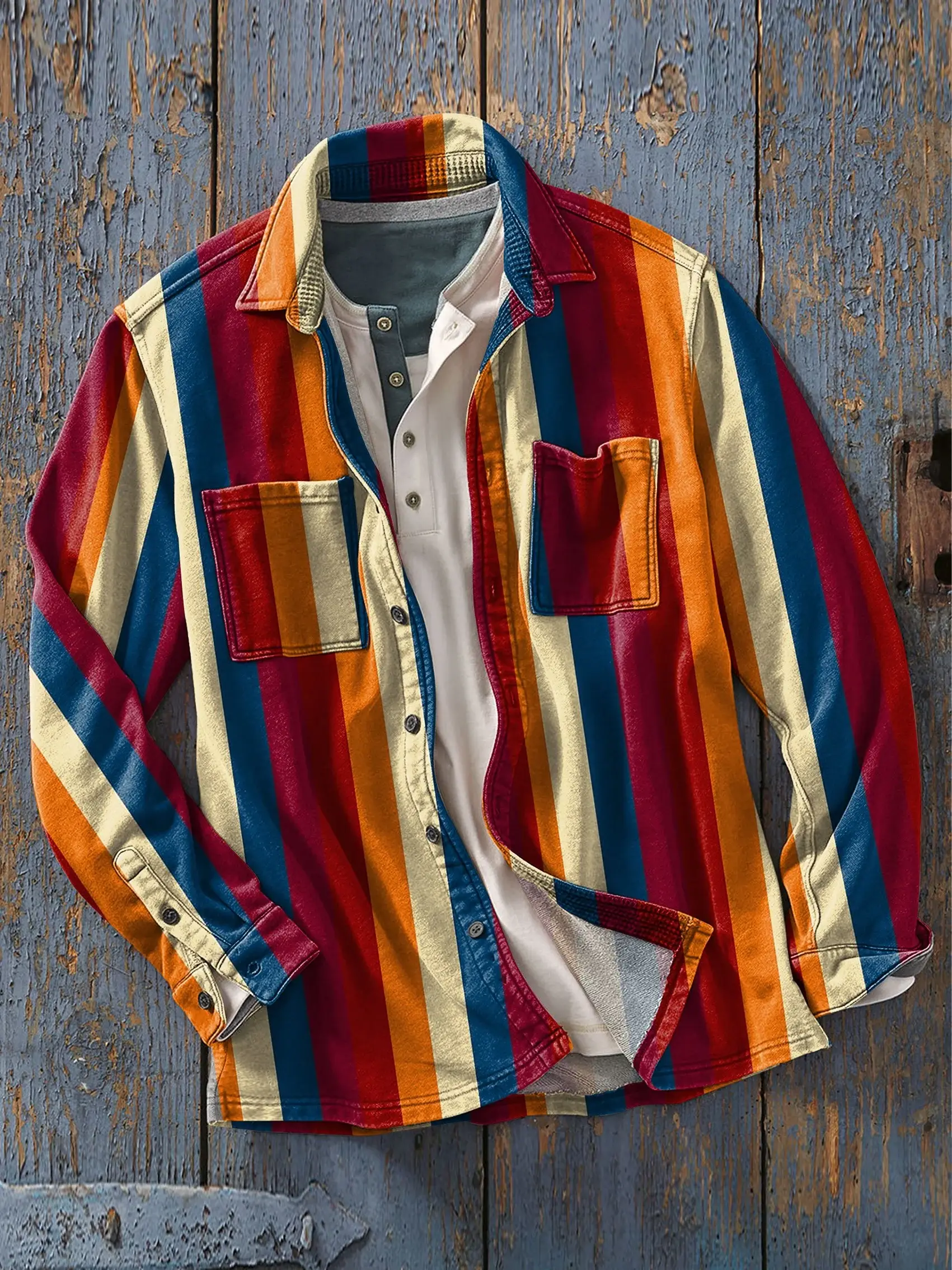 Men's Retro Stripes Art Print Casual Shirt