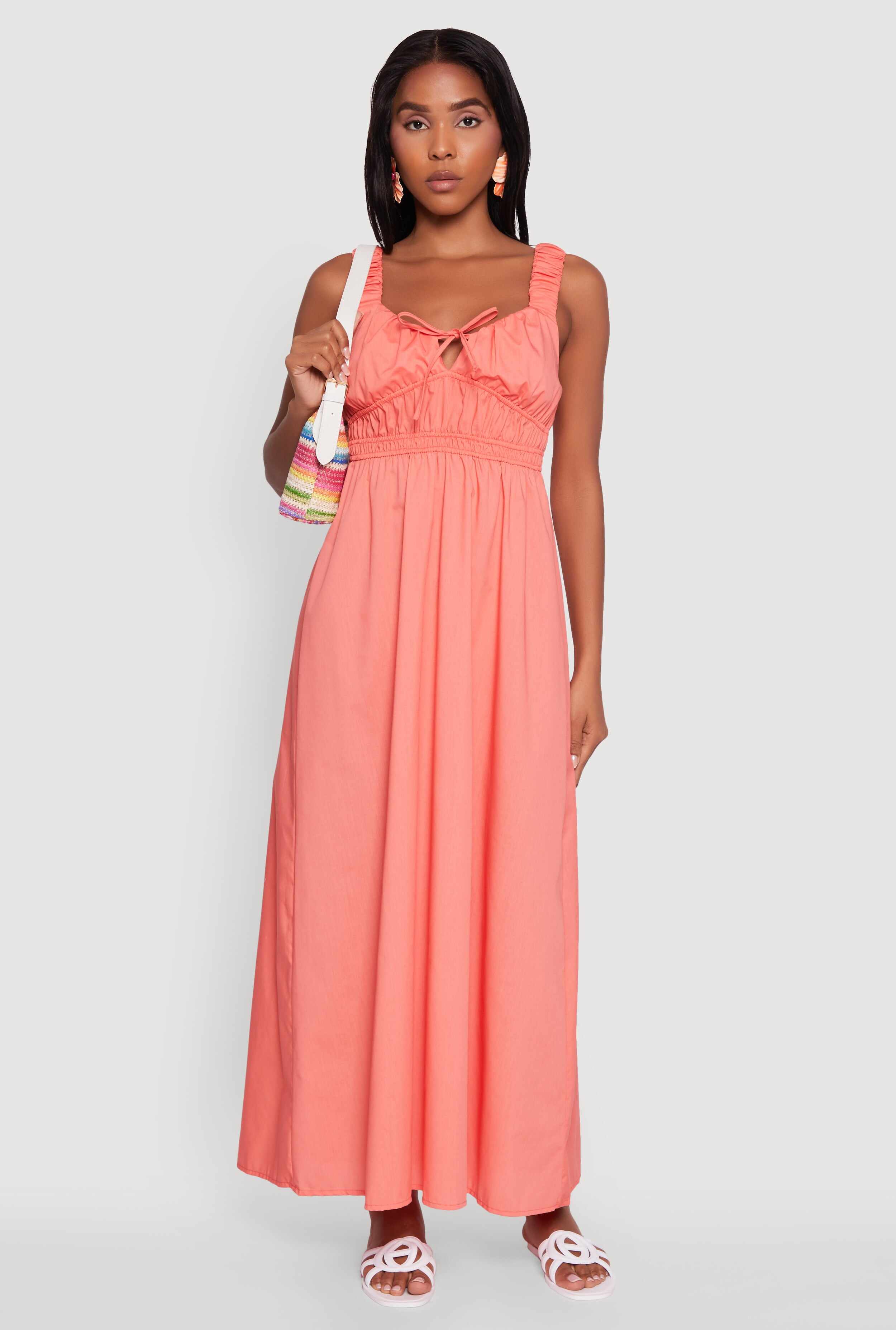 Poplin Sleeveless Scoop Neck Tie Front Maxi Dress