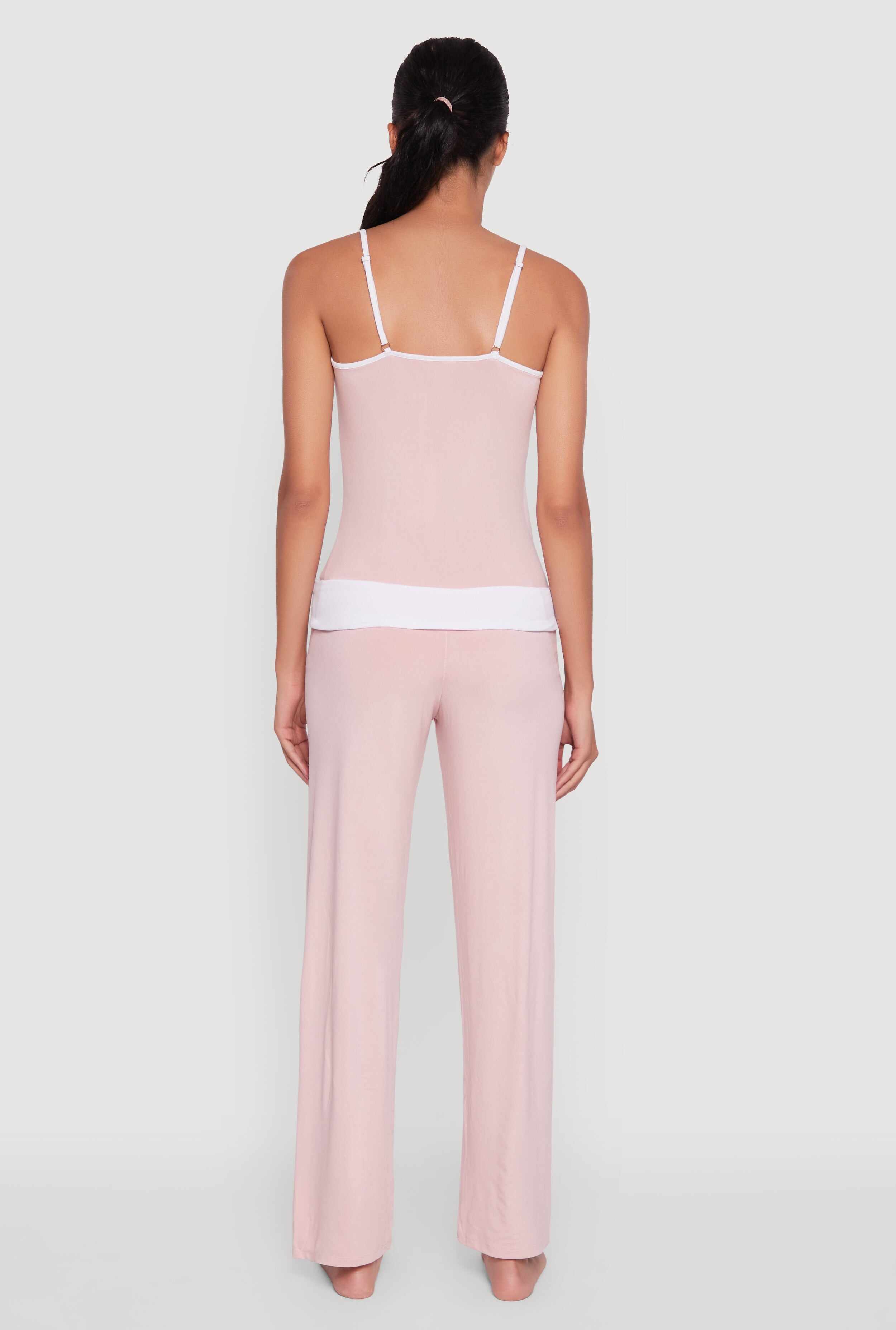 Contrast Trim Pajama Cami and Fold Over Pants Set