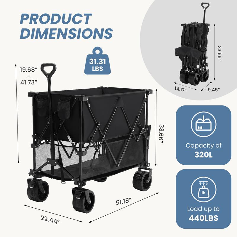 320L Outdoor Folding Double-Decker Wagon with Brakes, 440 lbs Capacity, Flexible Handle, All-Terrain Big Wheels, Compact Pack & Foldable Size for Grocery, Camping