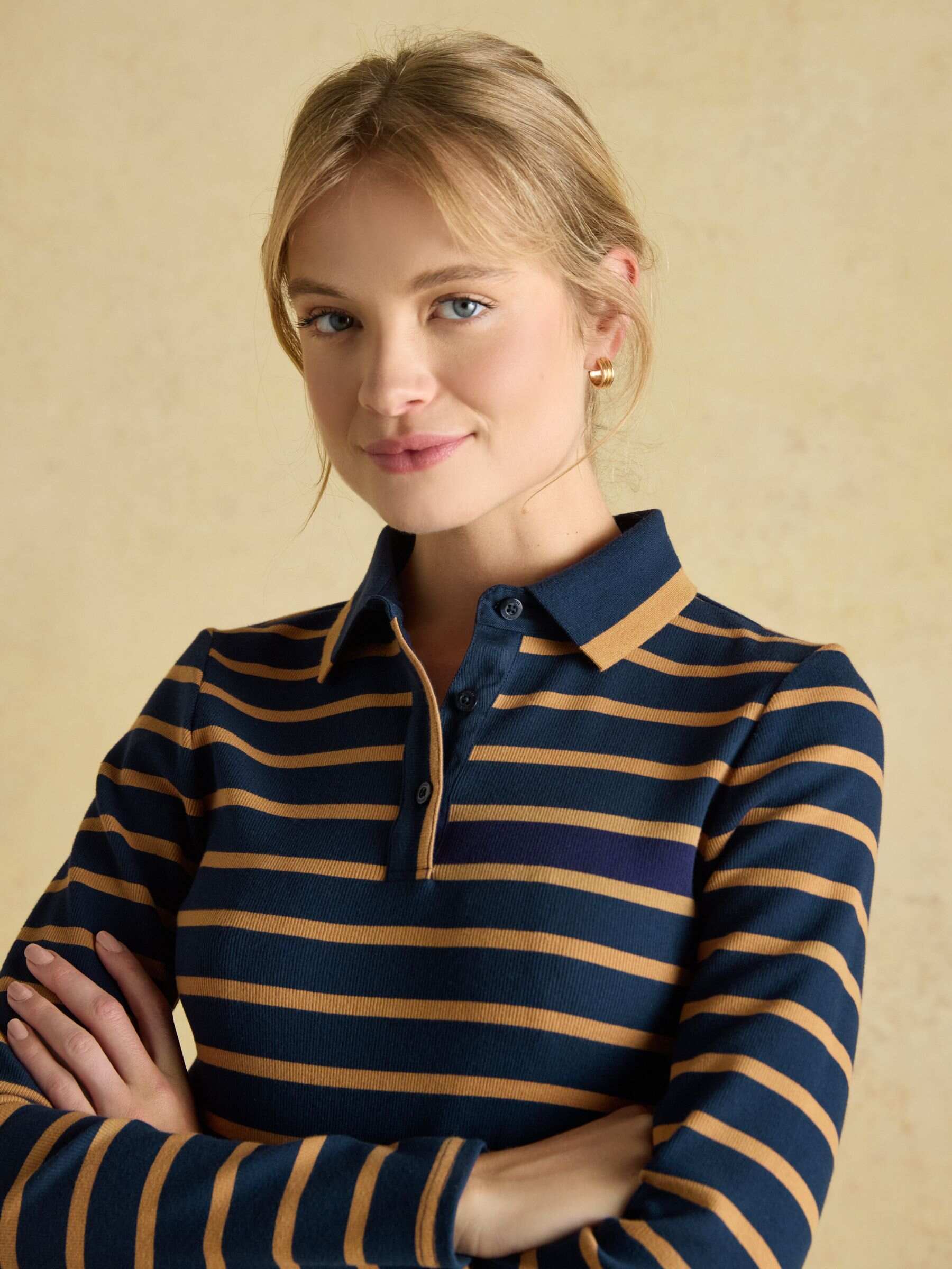 Fairfield Navy Blue & Brown Ribbed Long Sleeve Striped Polo Shirt