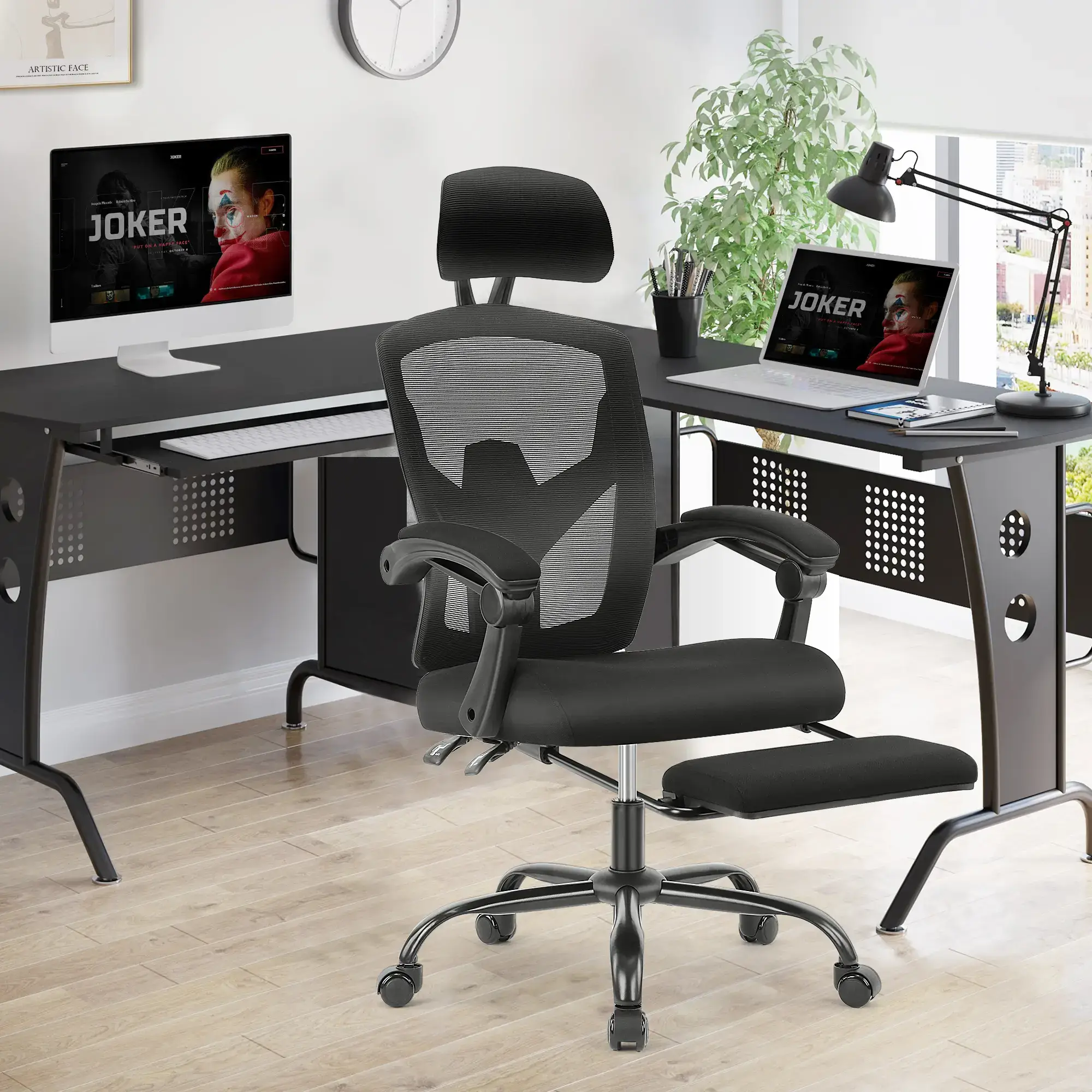 Height Adjustable High Back Ergonomic Office Chair with Lumbar Pillow & Retractable Footrest,  Padded Armrests and Adjustable Headrest