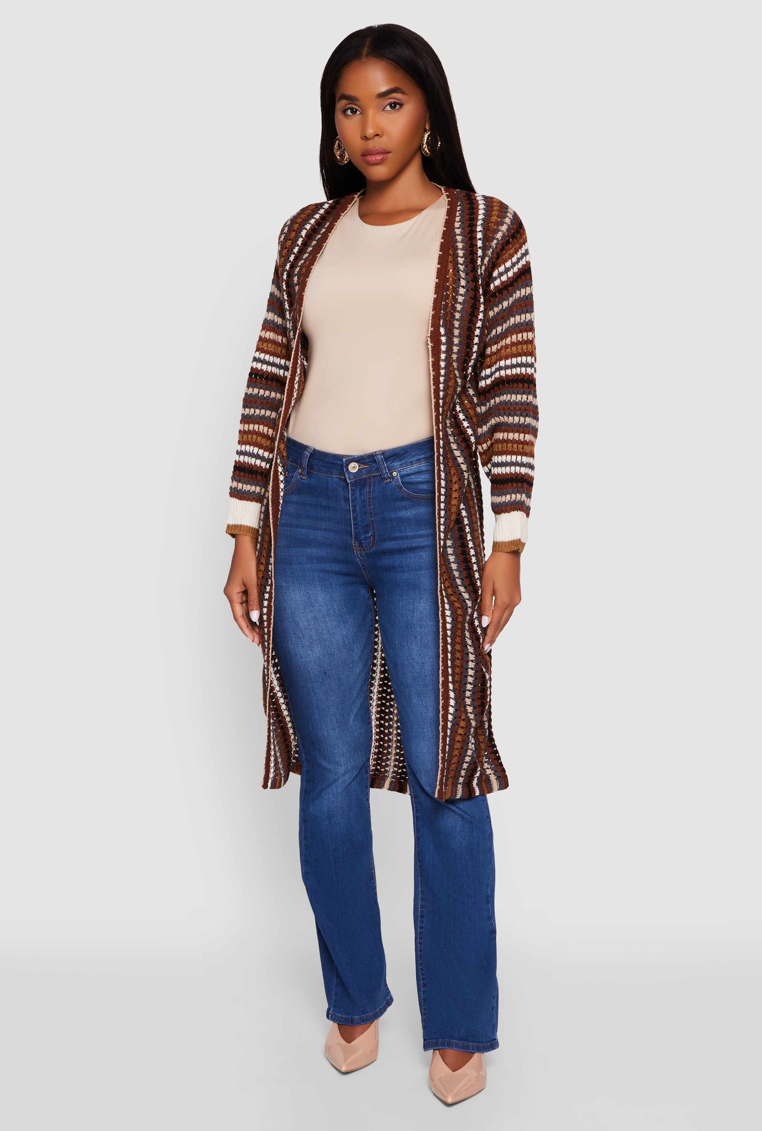Striped Crochet Open Front Long Cardigan