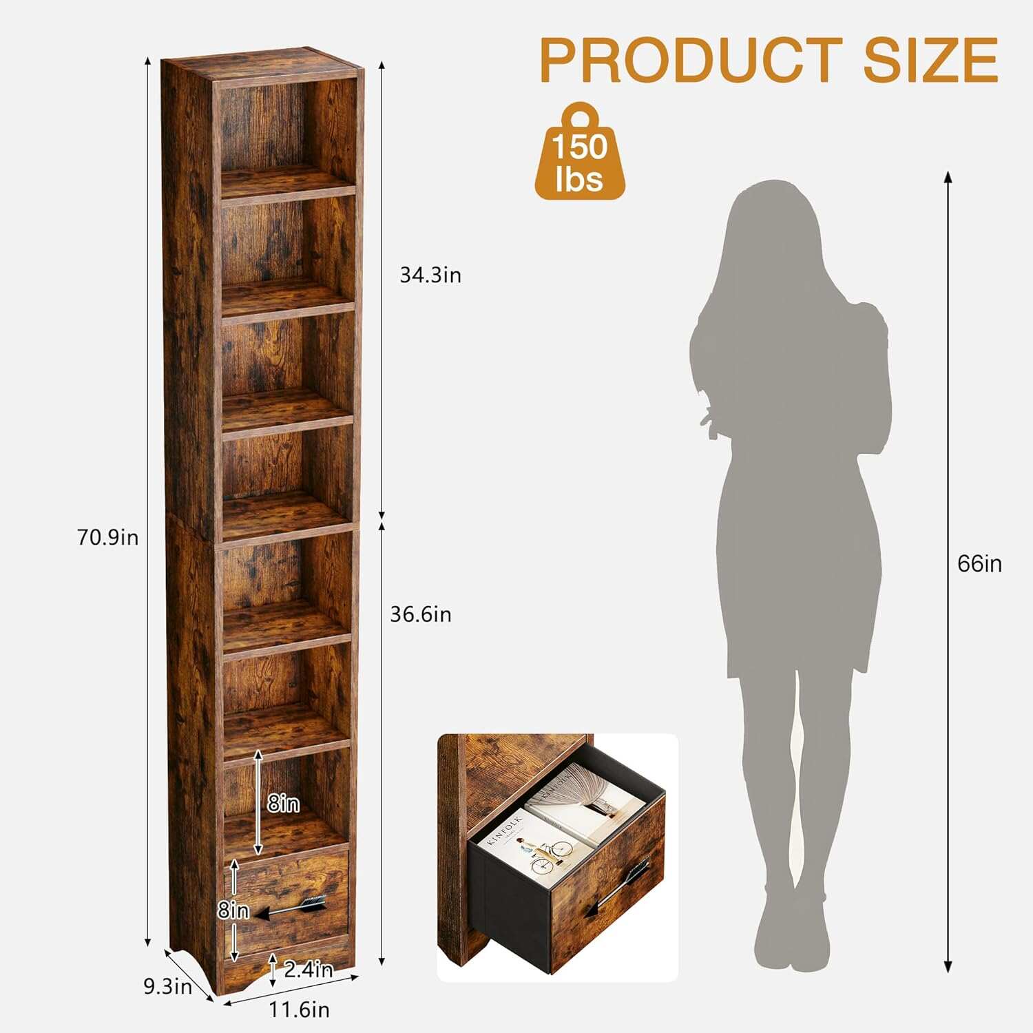 VECELO 8-Tier Tall Narrow Bookshelf