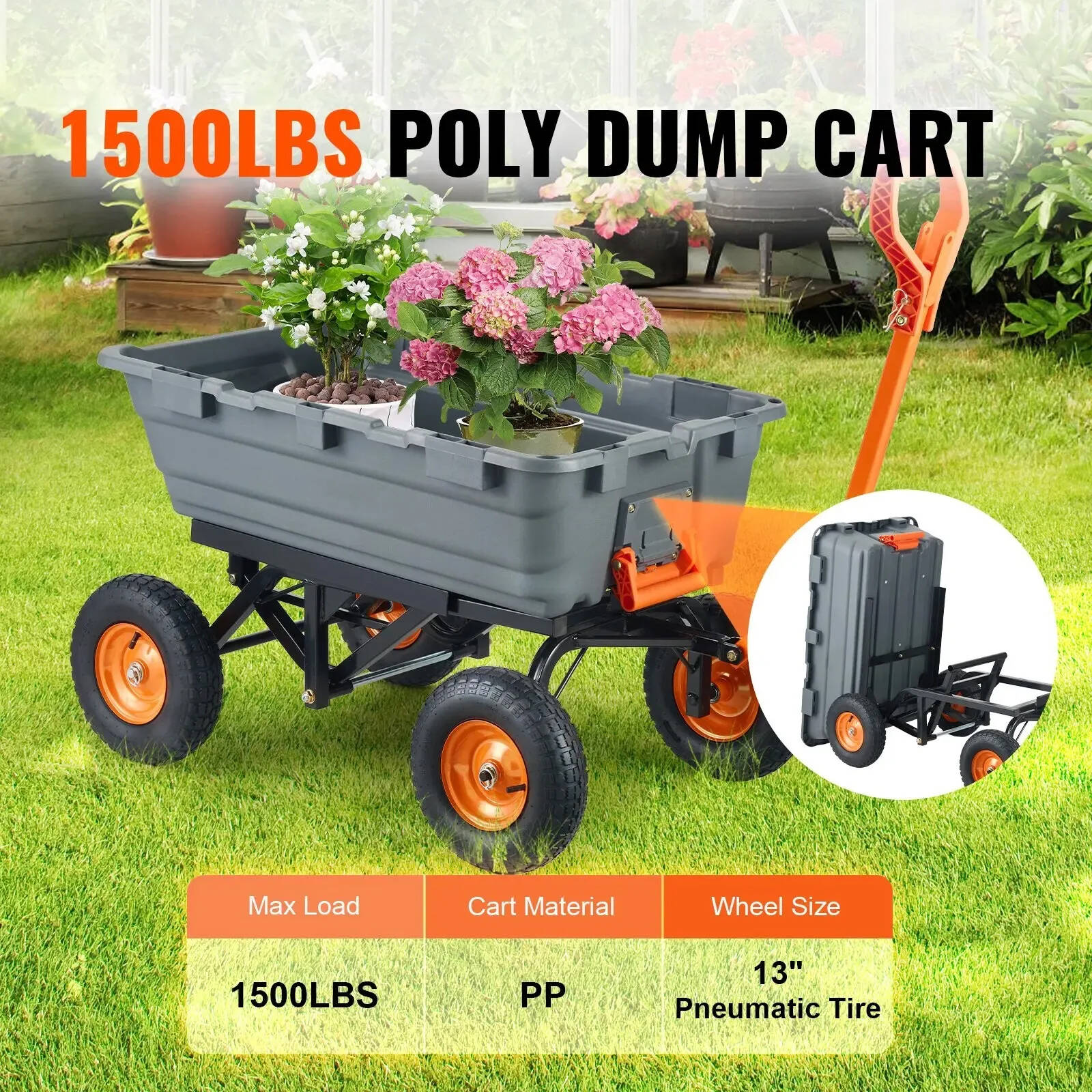 ⚡clearance sale🌞Poly Garden Dump Cart with Easy to Assemble Steel Frame, 2-in-1 Convertible Handle, 13 Inch Tires, Max Capacity 1500 lbs, Utility Wheelbarrow Productivity Yard
