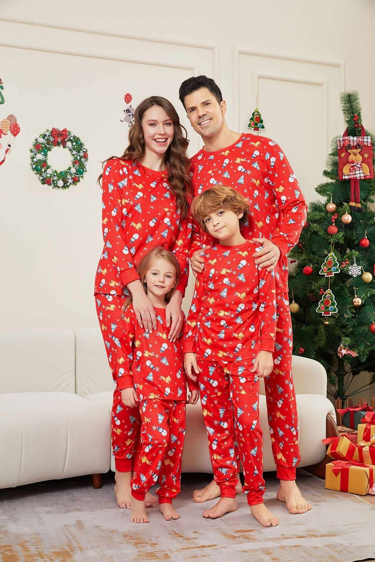 Family Parent-Child Christmas Tree Snowman Deer Printed Pajamas Set