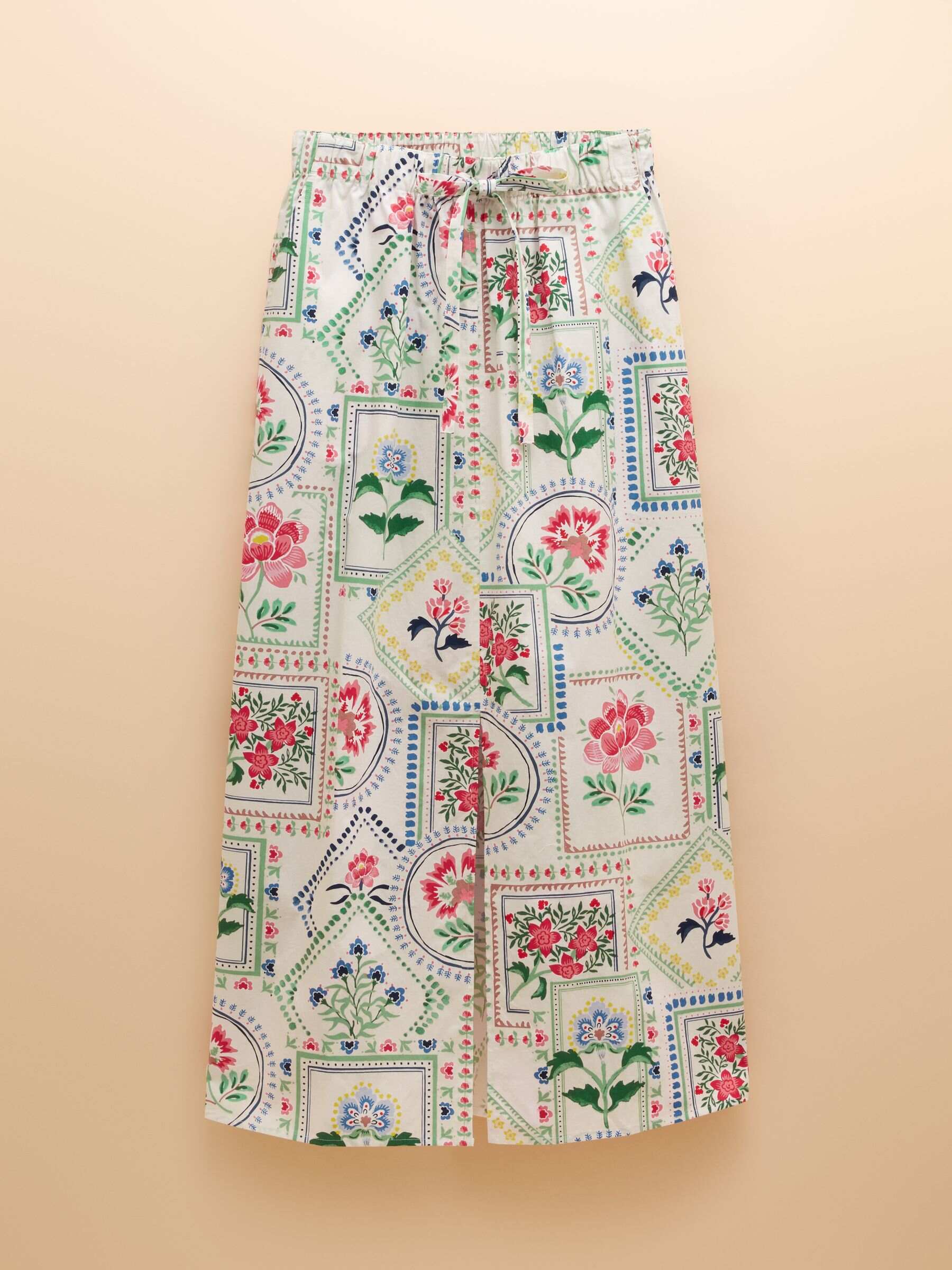 Cream Tile Print Cotton Poplin Midi Skirt