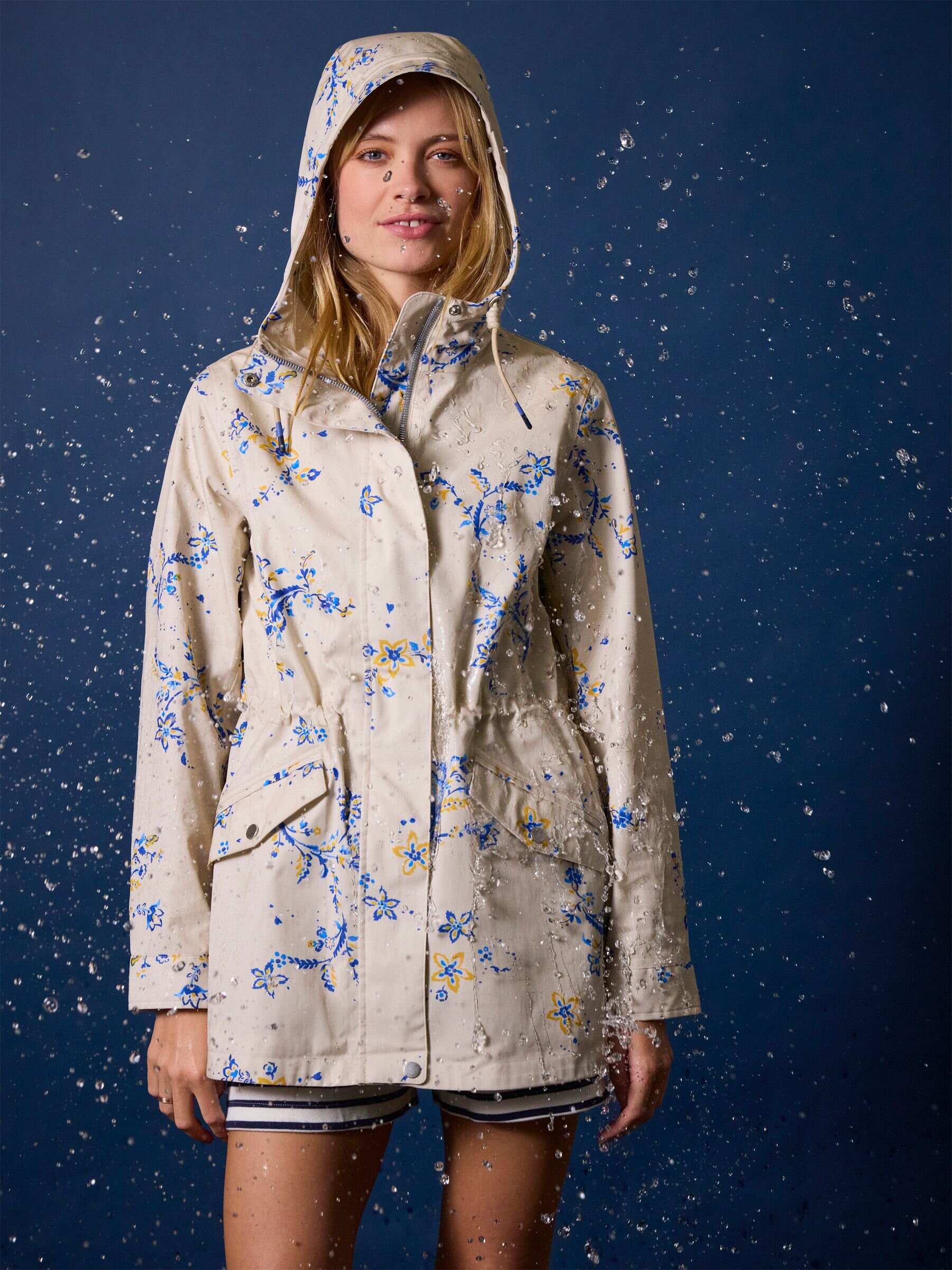 Portwell Beige & Blue Floral Waterproof Raincoat With Hood
