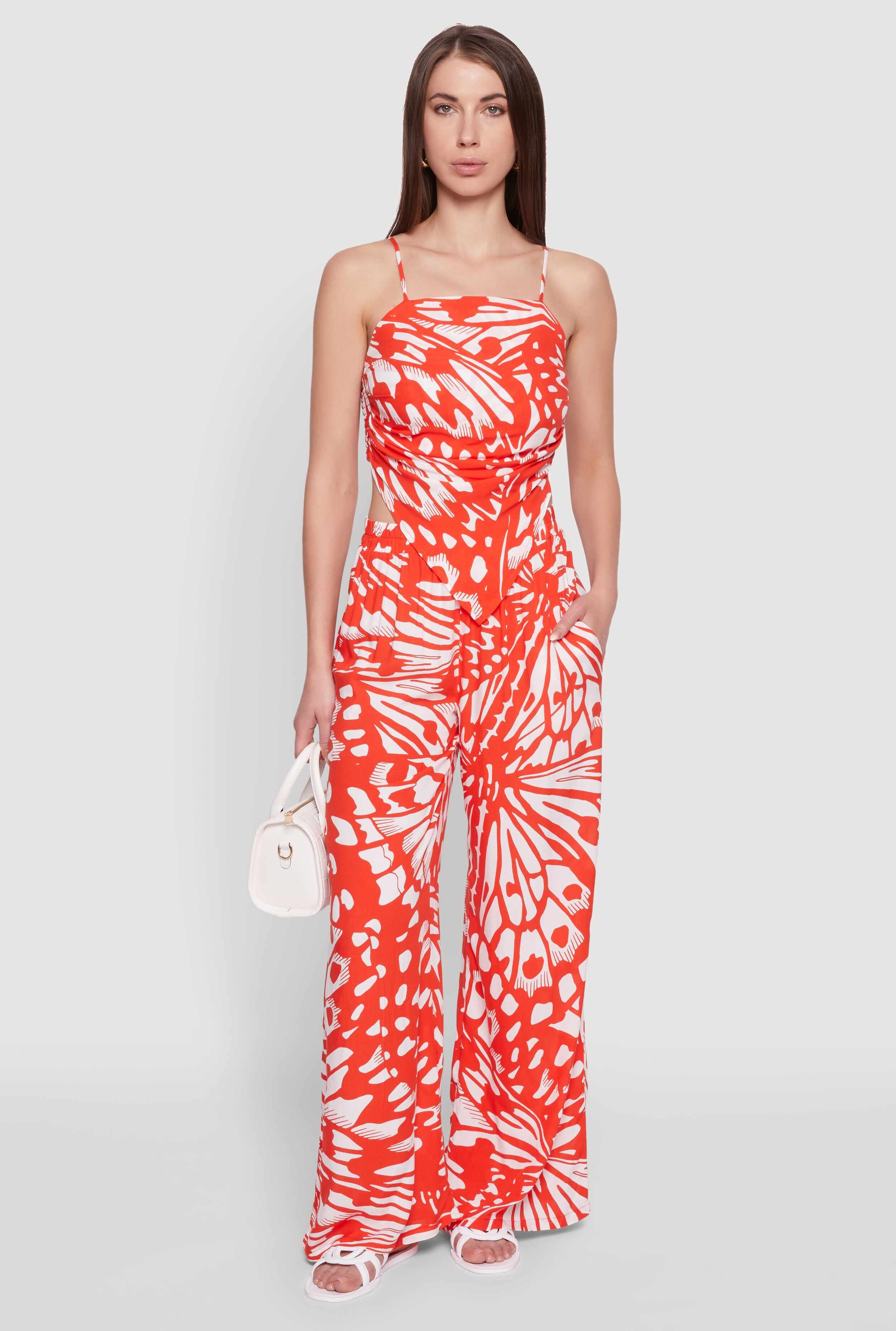 Trendy Abstract Butterfly Print High Waisted Wide Leg Pants