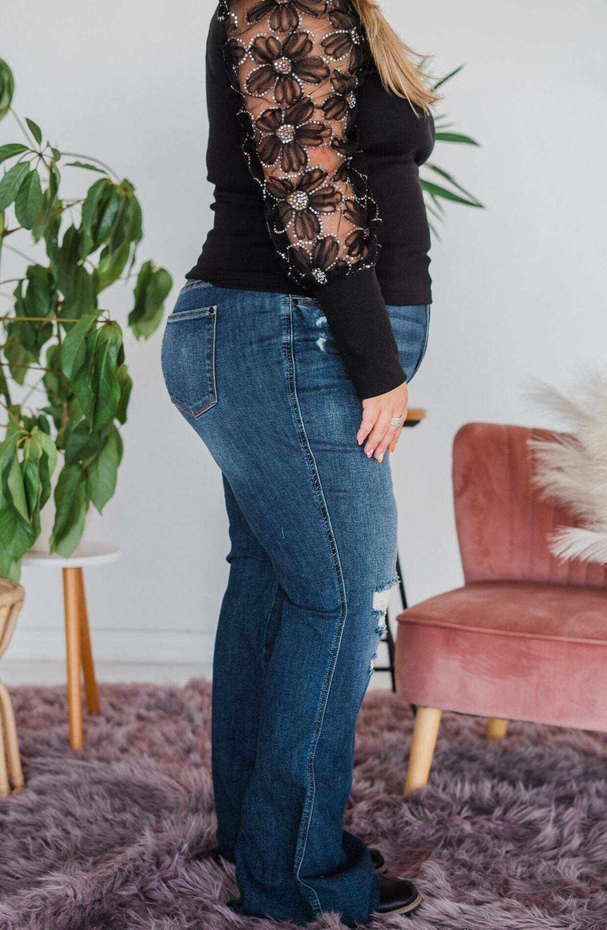 Full Of Flare - Christmas Tummy Control Knee Destroy Raw Hem Flare Jeans- Final Sale