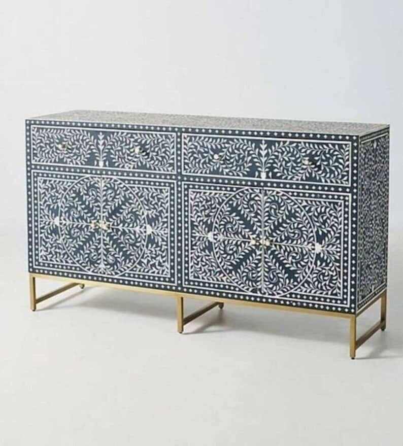 Handmade Bone Inlay Sideboard Table - Floral Hand Carved Wooden Furniture for Home Decor - Sideboard Buffet with Storage