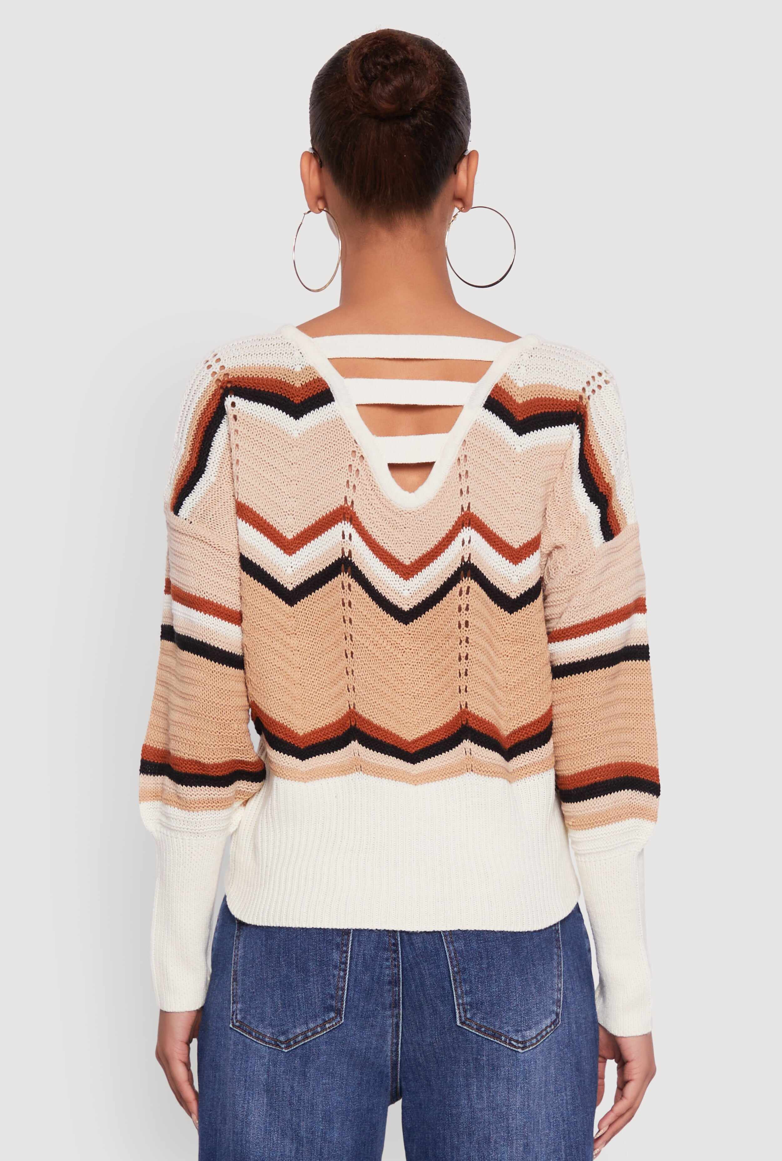 Crochet Chevron Caged Back V-Neck Sweater