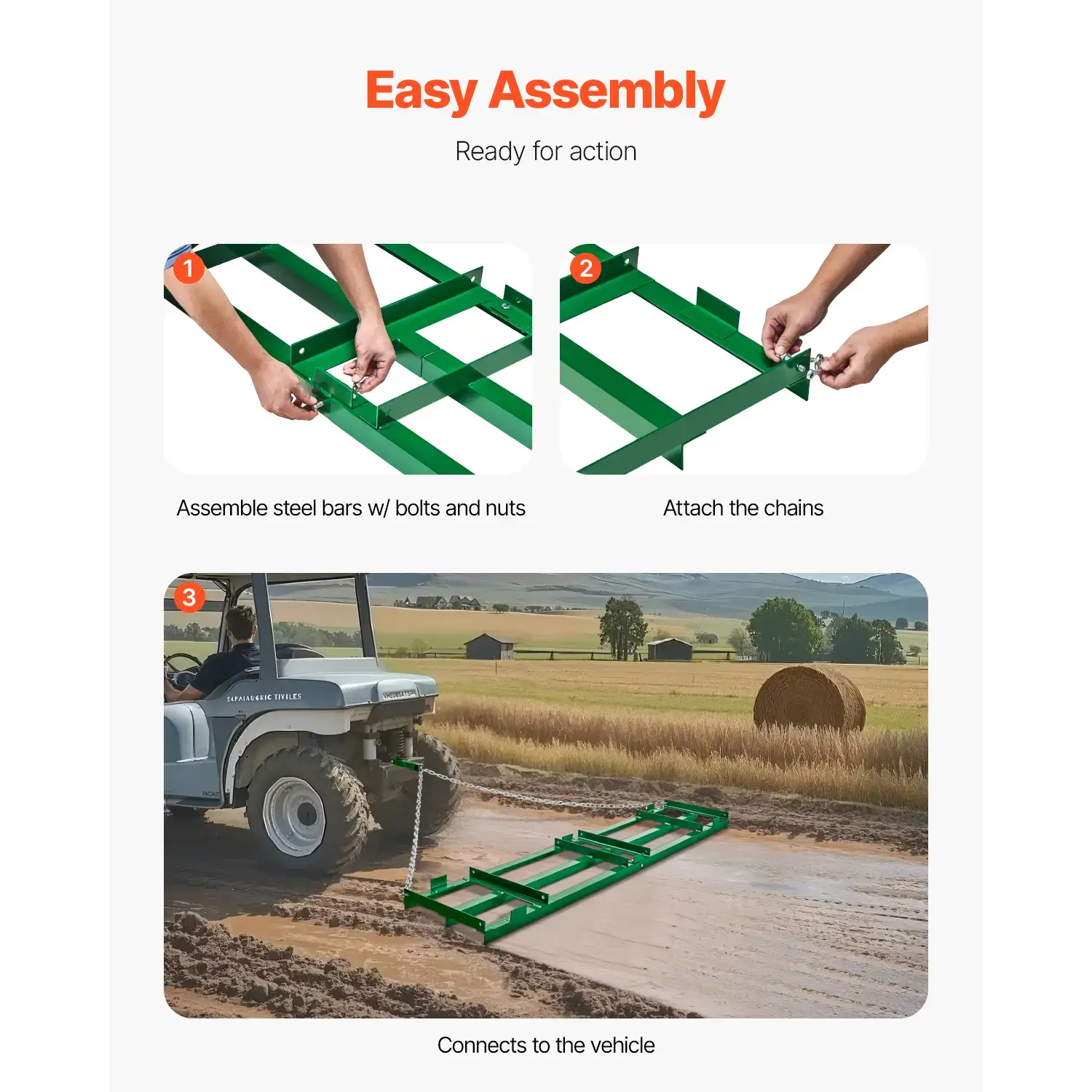 Drag Harrow, 8 ft Heavy Duty Tow Behind Drag Harrow with Adjustable Bars & 72 in Chain, Driveway Grader Landscape Rake for ATV, UTV, Tractor, Mower Tow Behind Yard Lawn Leveling Tool