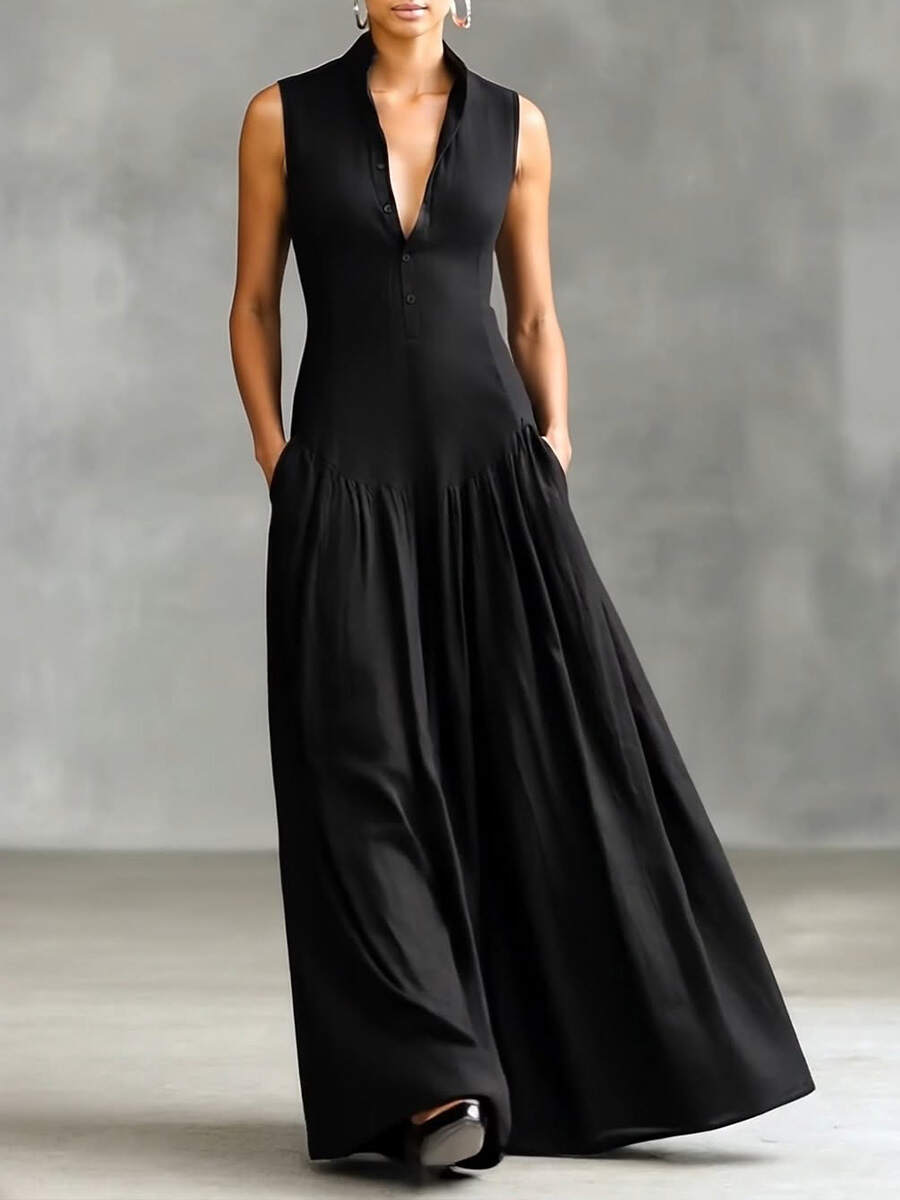 🔥Summer Arrivals🌟Women's Solid Color Lapel Sleeveless Casual Loose Cotton Dress