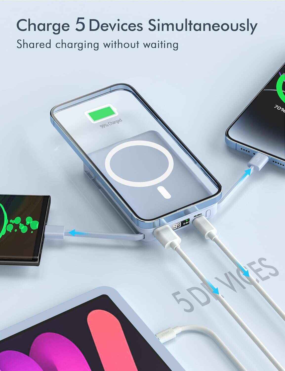 podoru Wireless Portable Charger, 10000mAh Magnetic Power Bank Built-in USB-C Lighting Cables 22.5W PD Fast Charging LED Display Mag-Safe Battery Pack for iPhone 15/14/13/12/Mini/Pro/Pro Max - White