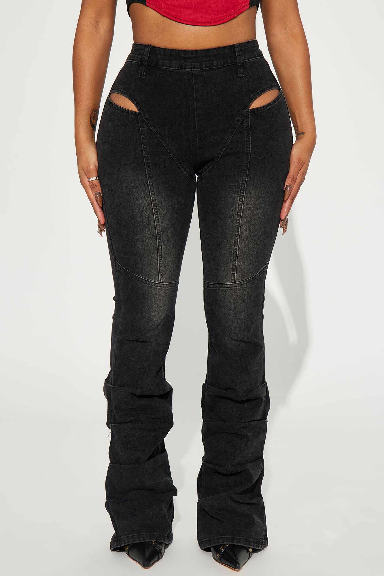 Ride On Stretch Cut Out Flare Jeans - Black Wash