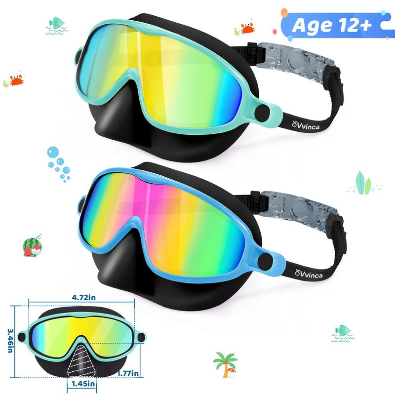 Swim Goggles 2 Pcs with Nose Cover for Ages 3-12+ Kids,Youth,UV Protection Anti-Fog Wide View Anti-Shattered Lens for Boys and Girls - Safety anti-uv swim glass anti-fog swimming goggles for Outdoor, Lake,Beach, Summer Party