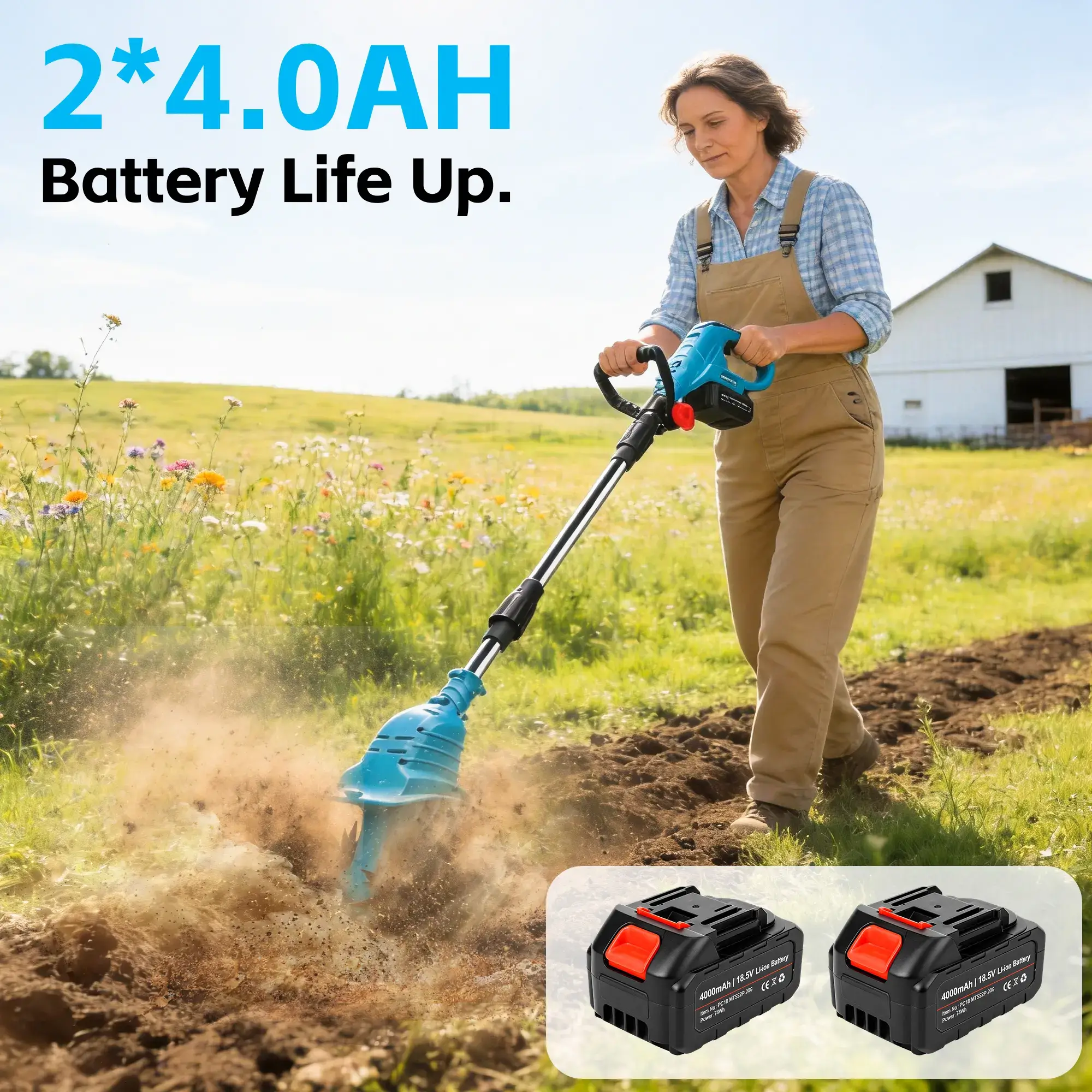 18.5V Cordless Tiller Cultivator, 360RPM Electric Garden Tiller, with 2 * 4.0Ah Batteries & Charger, 9In Tilling Width and 6.6In Depth Garden Rototiller for Lawn/Gardening/Soil Cultivation Tool Handle