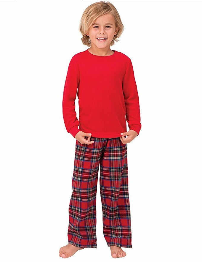 Christmas Long Sleeve Pure Red Top and Long Plaid Pants Family Matching Pajamas